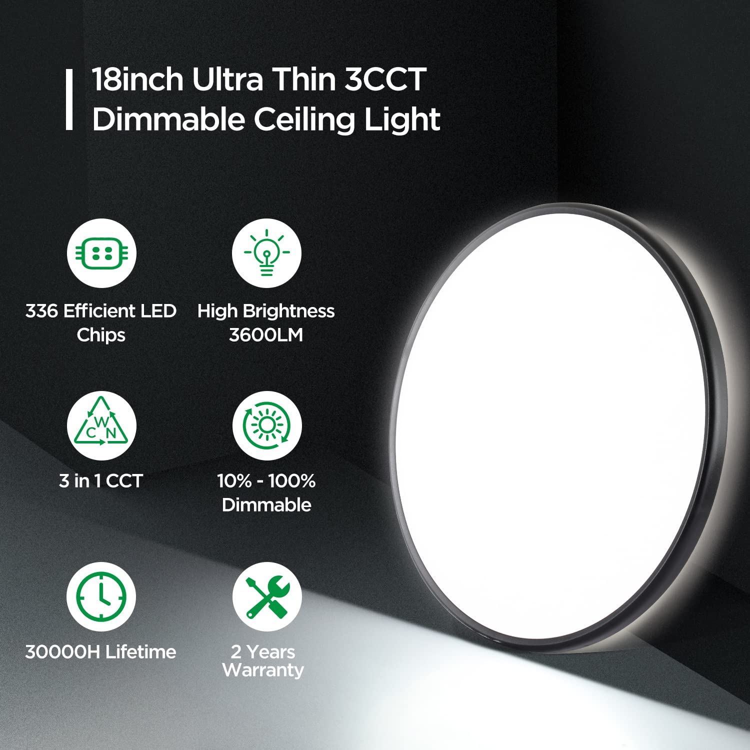 Roomratv 18inch Flush Mount Dimmable Ceiling Light Fixture with Backlight, 36W Output White Large Led Ceiling Light of 3 CCT Adjustable for Office,Living Room