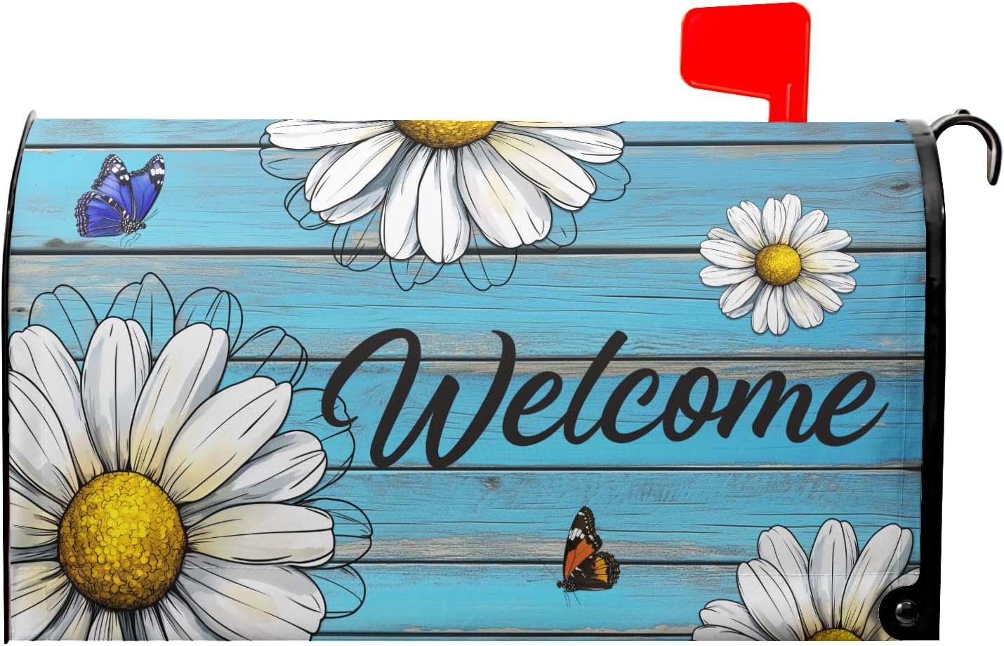 Spring Summer Daisy Flowers Mailbox Cover Magnetic Large Size 25x21 Inch Vintage Spring Floral Mailbox Cover Rustic Teal Old Wood Board Mailbox Decals Mailbox Wrap Post Letter Box Cover for House