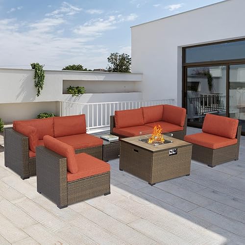 KINTNESS Juego de muebles de patio con cojines Juego de sofá de 7 piezas para exteriores para todo tipo de clima, juego de conversación de mimbre