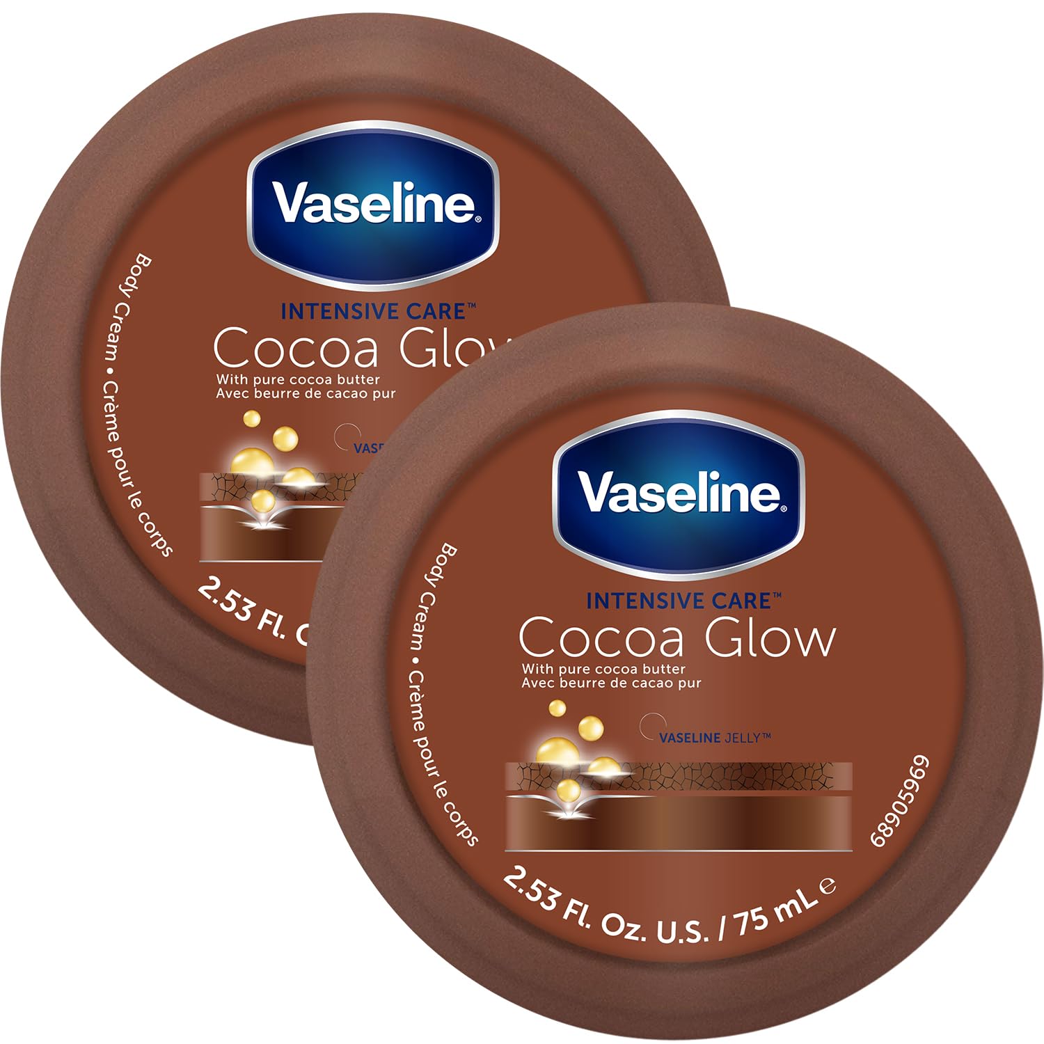 Vaseline Cocoa Glow Body Cream 2-Pack – Pure Cocoa Butter 48H Moisturizing Cream for Dry Skin, Travel-Size, 2.53 Fl Oz Ea