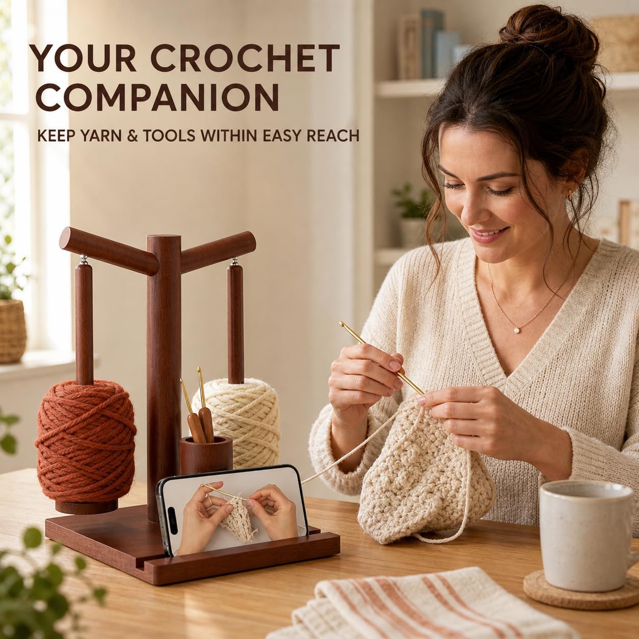 Wood Yarn Stand, 2 Axis Magnetic Spin Yarn Stand, Tangle-Free Design, Great for Crochet and Knitting Lovers image 2