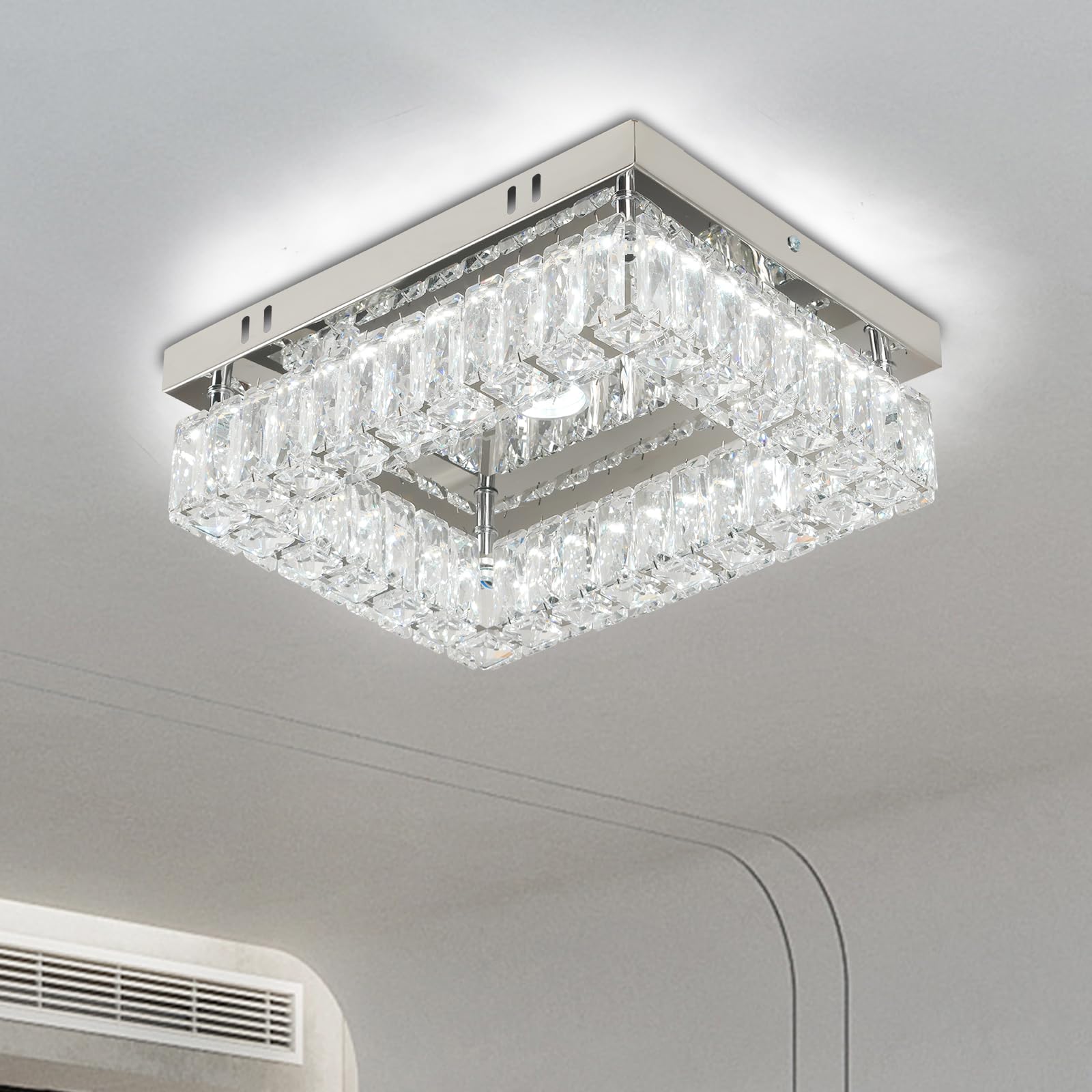 Cainjiazh Modern LED Crystal Ceiling Light Rectangular Chandelier Flush Mount Ceiling Light K9 Crystal & Stainless Steel Cool White Lighting for Living Room Bedroom Kitchen Hallway Non-Dimmable