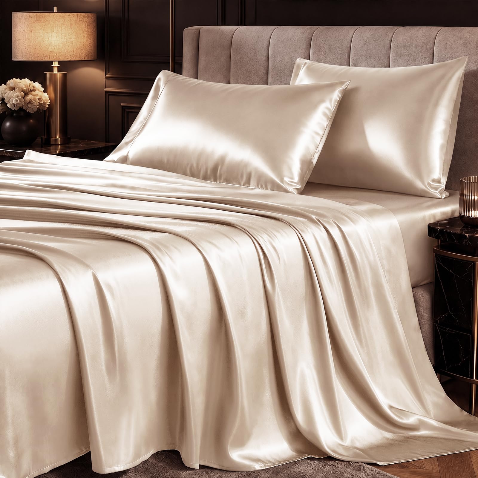 CozyLux Satin Sheets King, 4-Piece 14-Inch Deep Pocket Sheet Set