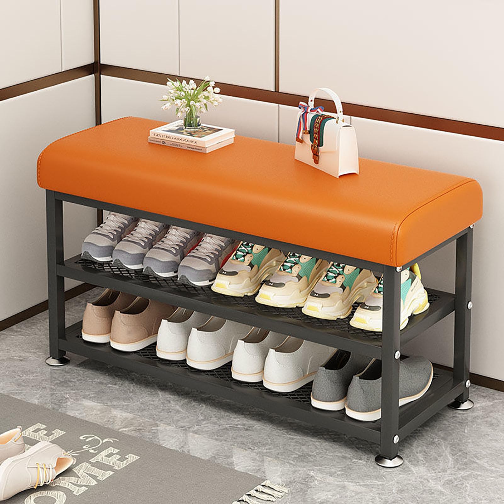 WJFTODAY Entryway Bench with Shoe Storage & Rack Upholstered Cushion Seat Compact Shoe for Mudroom & Hallway Stylish Orange 80x32x51cm