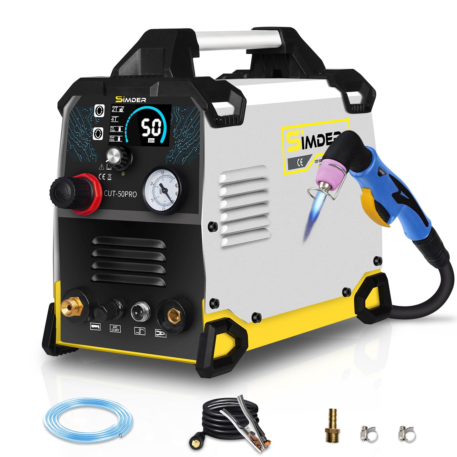 SSIMDER 50 Amp Plasma Cutter, Non-Touch Pilot Arc, 110V/230V,Cuts 1/2 Inch Metal, for Rough/Painted/Rusty Surfaces, 2T/4T Mode, Front Air Regulator, for Auto Repair & Metal Fabrication