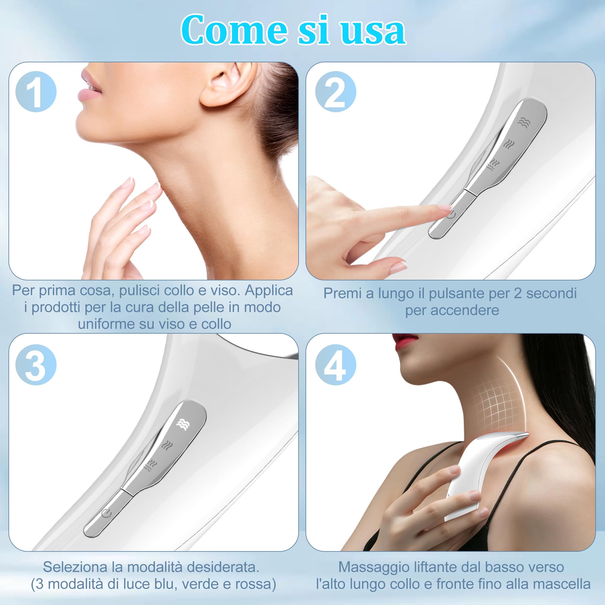 Massaggiatore Viso Antirughe, Dispositivo di Bellezza con 45 ℃ EMS per Lifting e Rassodamento Viso e Collo, Gua Sha Elettrico con 3 Modi LED Terapia Della Luce
