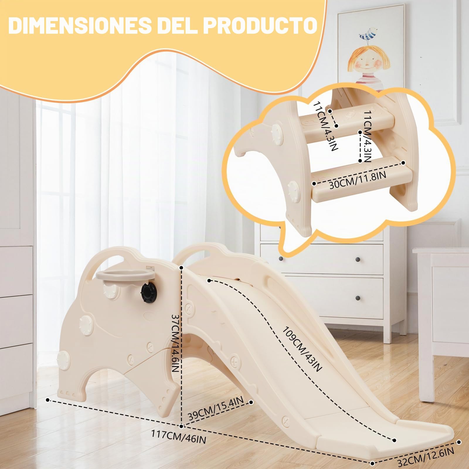 3 en 1 Tobogán para Niños, con aro de Baloncesto, Baloncesto, Tobogán Infantil con Peldaños Antideslizantes, Interior y Exterior Tobogán