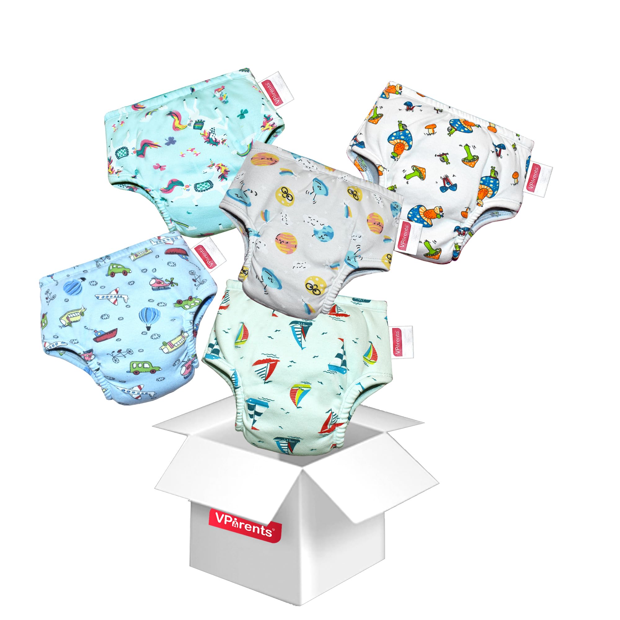 VParentsVParents Padded Underwear for Babies and Toddlers with 3 Layers of Cotton Padding Potty Training Pull Up & Diaper-Free Time Pack of 5(2-3 years) Lion car Heart galaxy Watermelon, 1 count