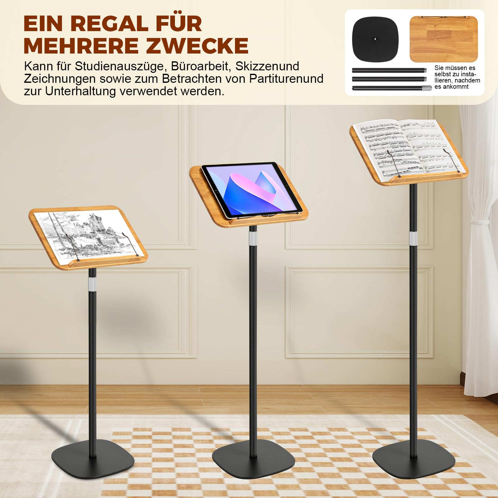 Buchständer Buchhalter Leseständer Notenständer Holz 180°-Neigung | 3 in 1 50-130 cm Höhenverstellbarer mit Elastische Seitenclips für Musiknoten Rezepte Tablet Laptop