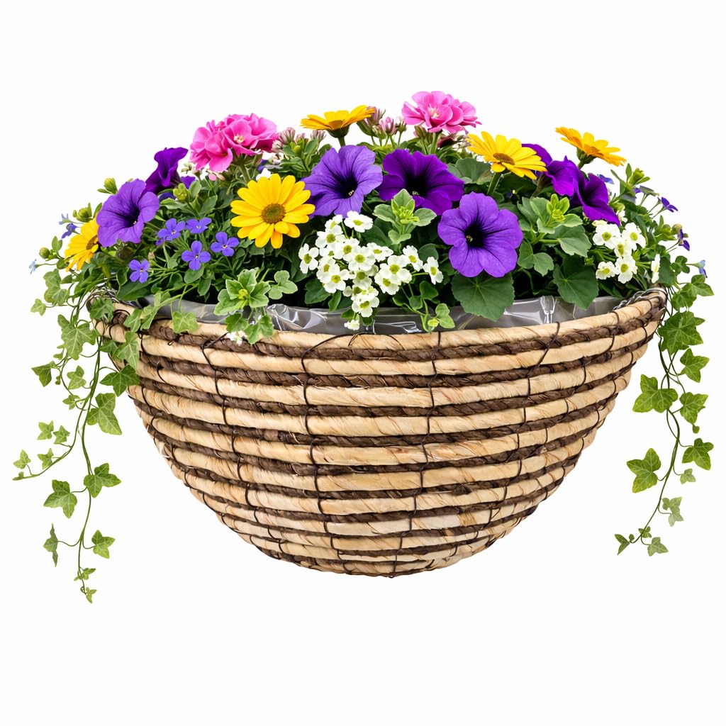 Garden Mile Single 14” Round Rattan Hanging Basket – Wicker Rope Planter With Liner & Rust Resistant Metal Chain – Outdoor & Indoor Garden Flower Pot