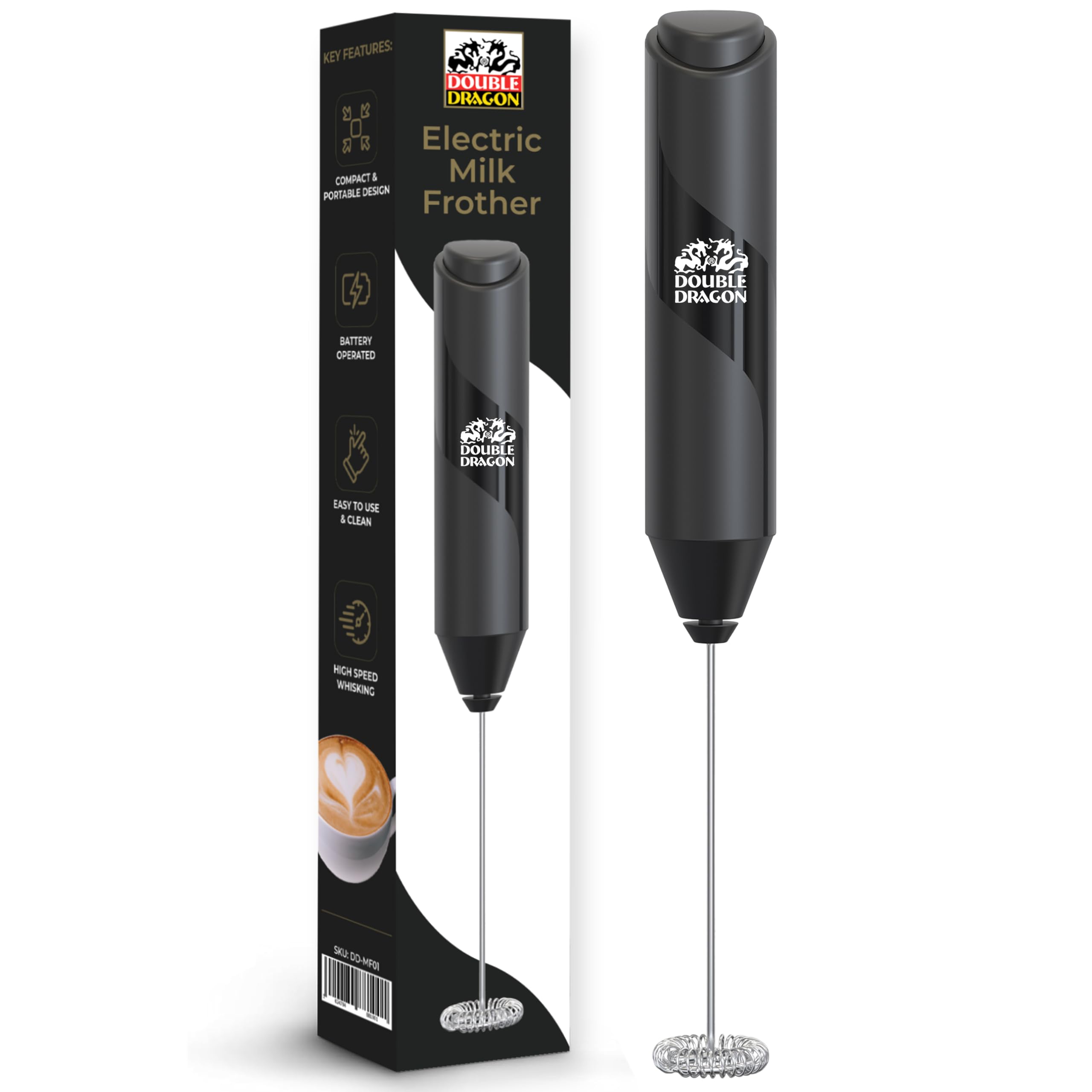 Double Dragon Handheld Milk Foam Frother, Battery-Operated Coffee Frother with Stainless Steel Whisk for Lattes, Cappuccinos, Matcha, Frappe, Protein Shakes & Egg Whites
