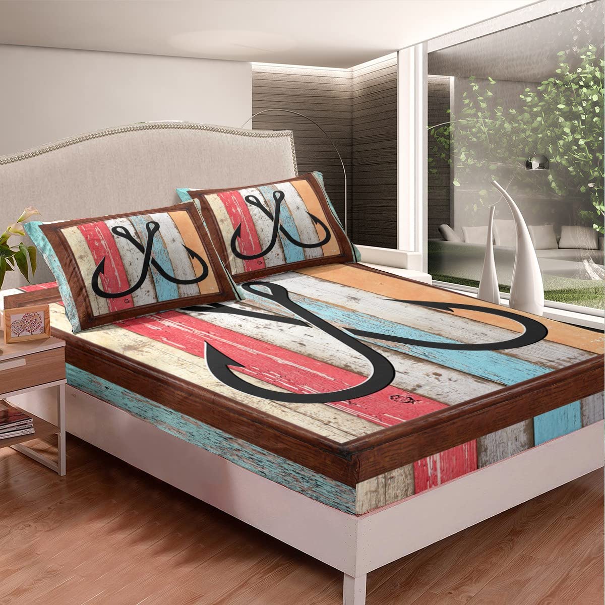 Lake Life, Set di biancheria da letto per bambini, motivo pescatore, stile vintage in legno, decorazione per la camera di ragazzi e ragazze, per sport all'aria aperta, leggero, per letto singolo, con