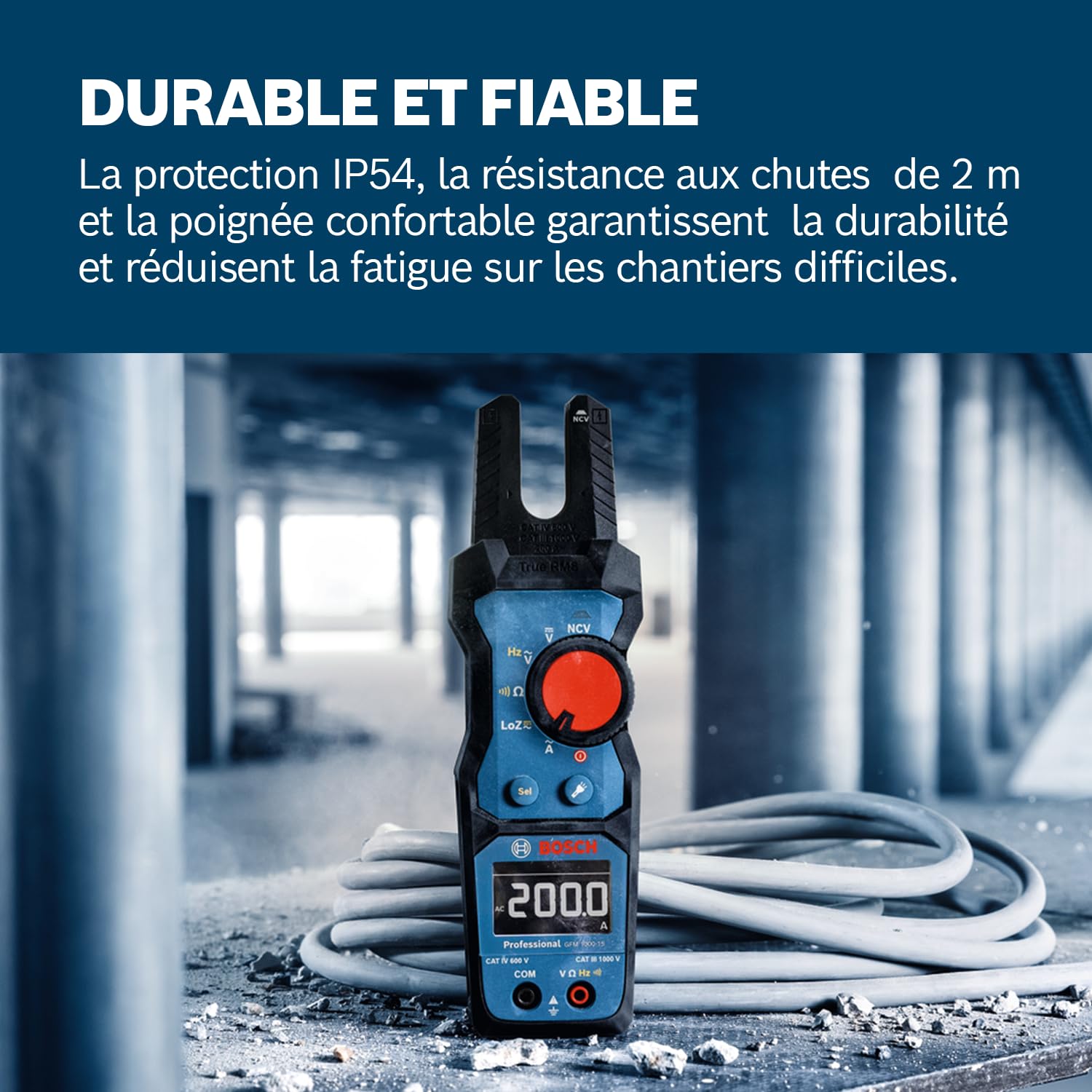 Bosch Professional Pince ampèremétrique GFM 1000-15 (True RMS, LCD inversé, mesure jusqu’à 200 A AC, détecteur de tension sans contact, compatible avec le support magnétique MH 1, 2 x 1,5 V LR06 (AA))
