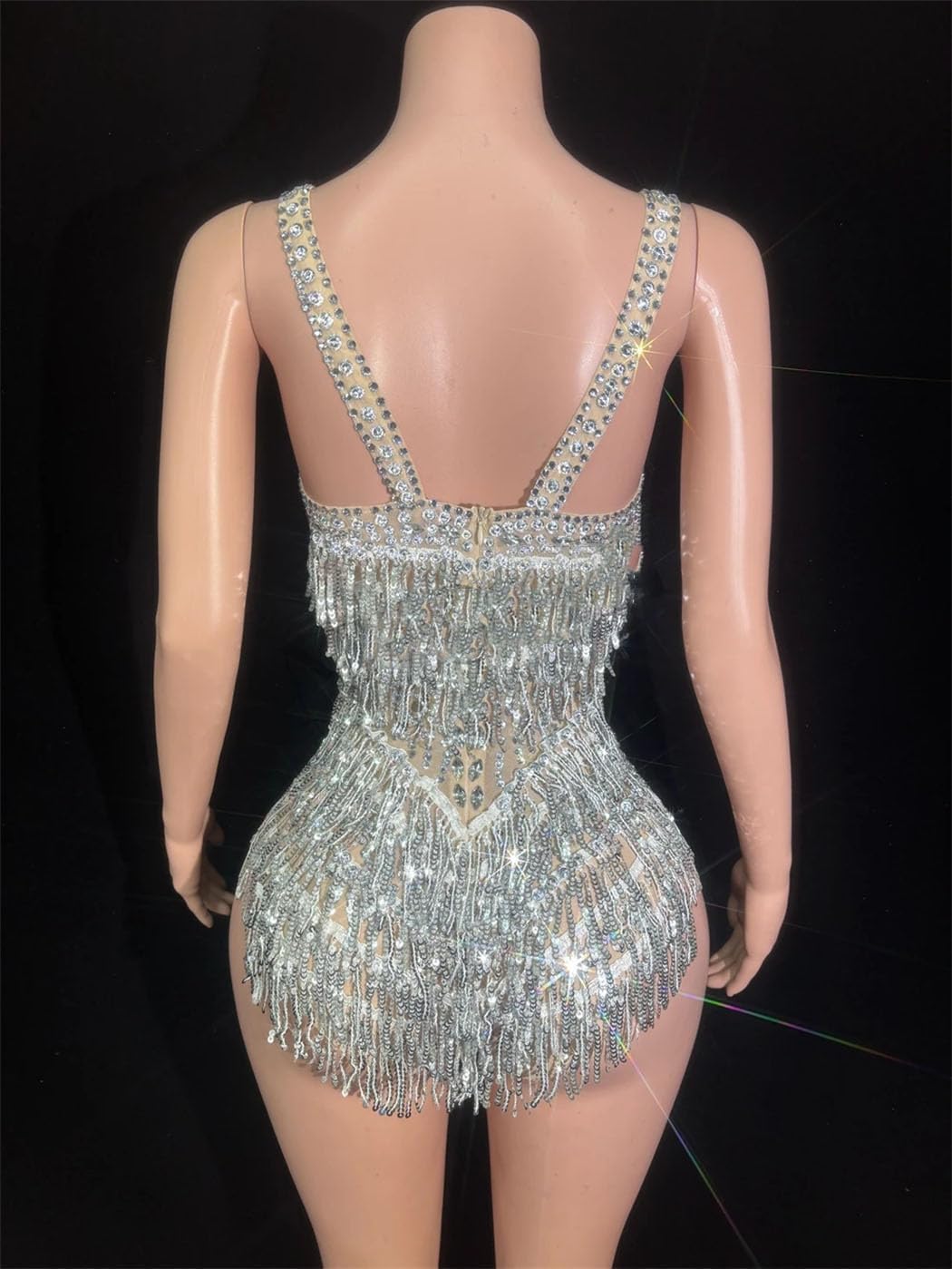 Women's Rhinestone Tassel Bodysuit Performance Dance Costume Singer Dancer Stage Wear See Through