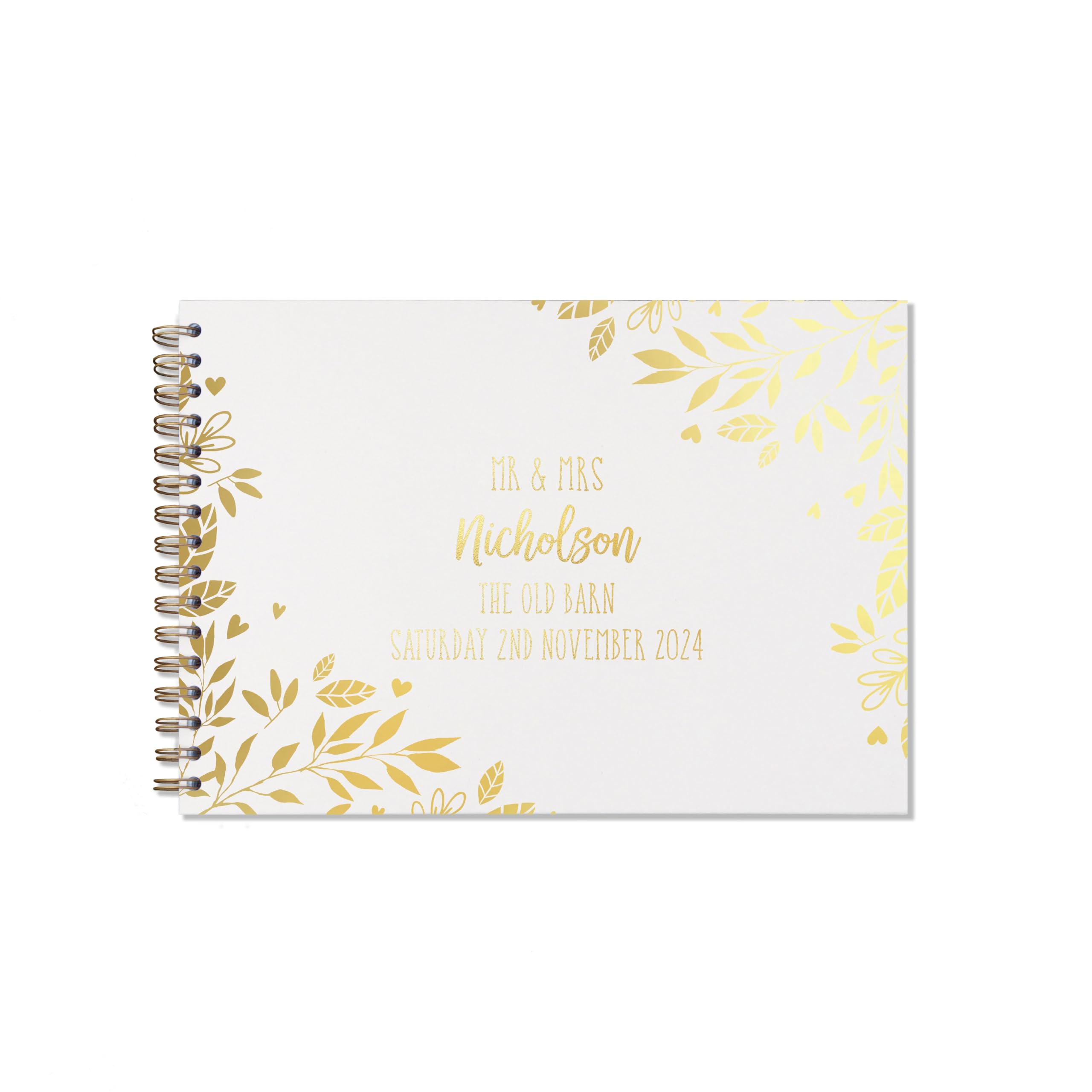 "Manta Makes Wedding Guest book personalised gold foil 26 colour choices A5 or A4, signing book wedding decorations for wedding reception, wedding books for guests to sign (A5, White)"