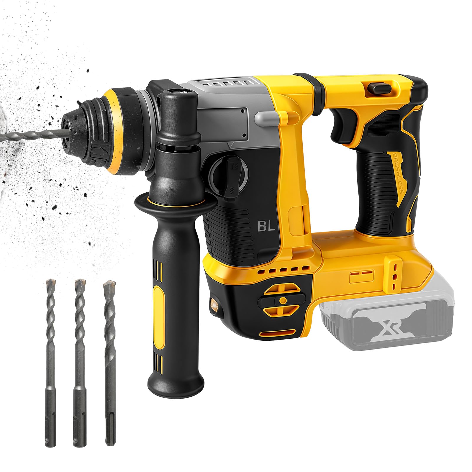 Roadtime Martillo combinado de batería de 1250 W y taladros, 2 en 1, compatible con DeWalt 20 V batería (sin batería), taladros sin escobillas de 22 mm 3500 rpm, taladro de impacto de 3 J