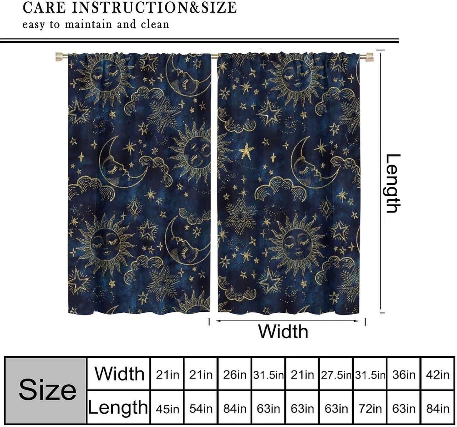 Sun and Moon Blackout Curtains Bohemian Hippie Art Theme Indian Boho Outer Space Cosmos Sun Moon Stars Print Pattern Window Drapes for Living Room Office 2 Panels 42"X 45"