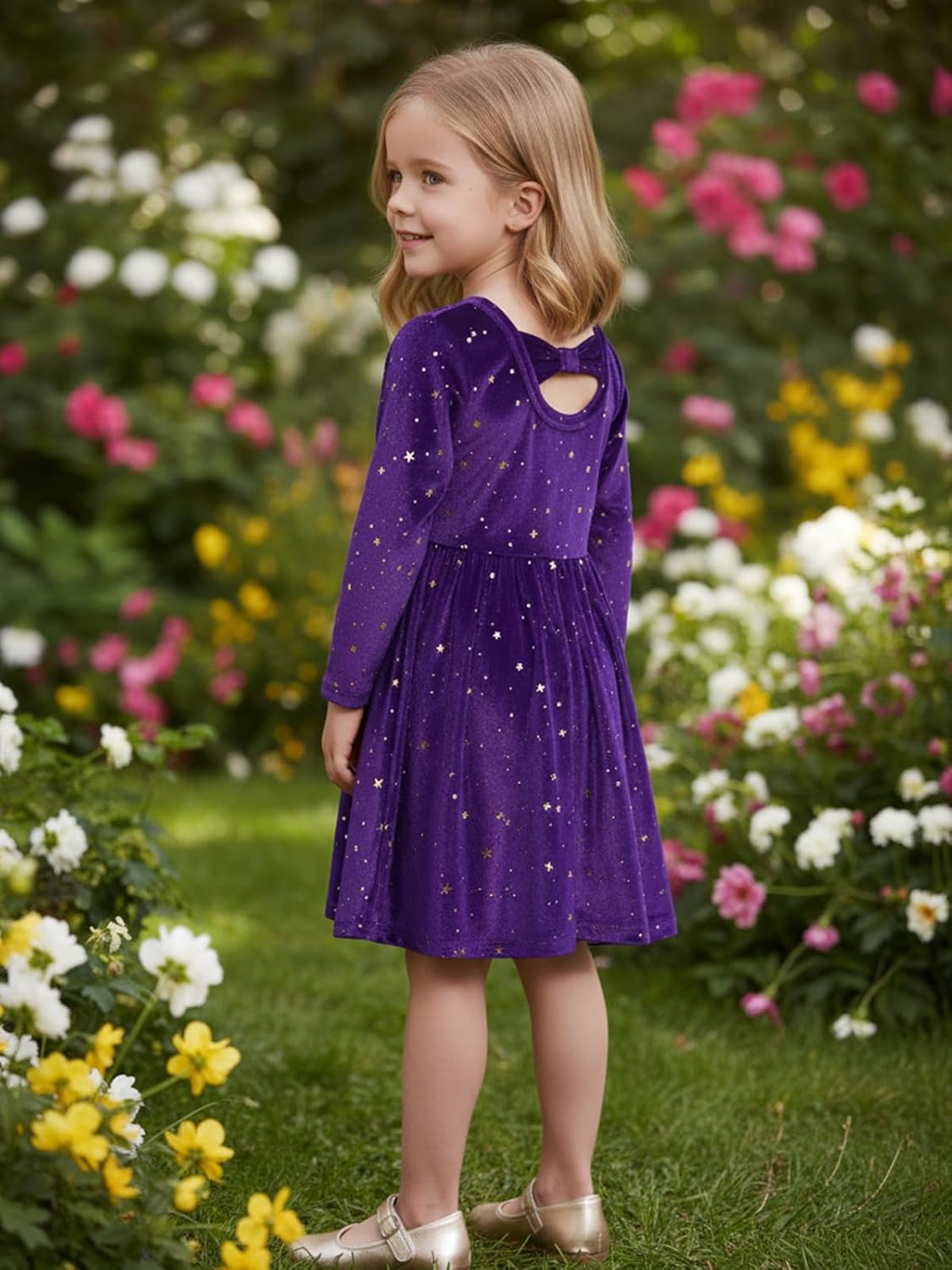 Valcatch ガールズ ベルベット ドレス 幼児 長袖 スタードレス ポケット付き 秋冬 パーティードレス カジュアル クリスマ
