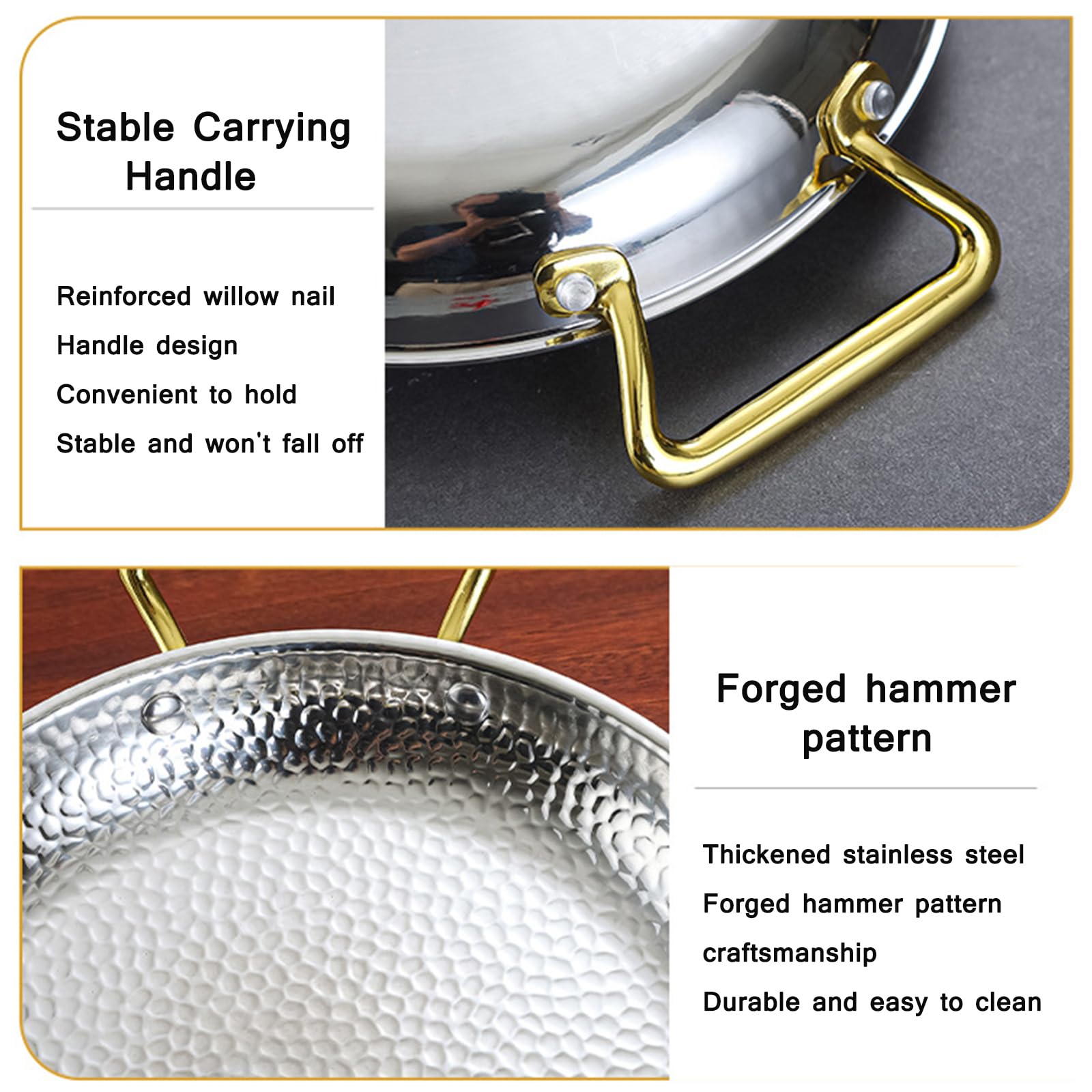 Paellera martillada de acero inoxidable sin revestimiento antiadherente con asas metálicas ergonómicas, placa de mariscos para camping y reuniones, apta para horno e inducción, 10 tamaños (30 cm