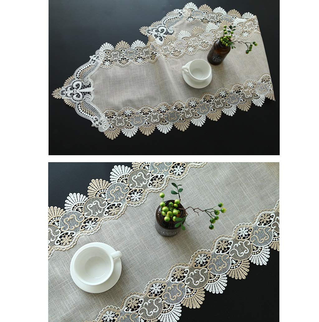 Elegant und luxuriös Gestickte Spitze Braun- weiße Spitze Leinengewebe Tischläufer Overlay Gestickte Blumenspitze Stoff Tischläufer (Blanc,50 * 240cm)