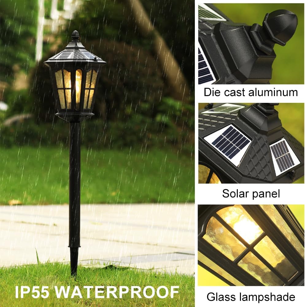 Solar Lawn Lantern Outdoor Post Light Waterproof Landscape Lamp Solar Powered Walkway Lights Pole Pillar Lighting with Hammered Glass for Garden Path Yard Patio Driveway