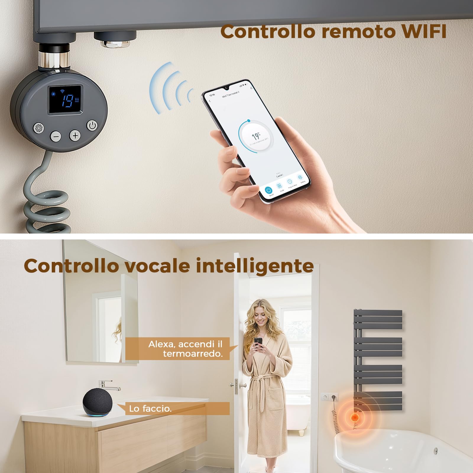 Elemento riscaldante radiatore bagno 1200W WiFi intelligente, elemento riscaldante con termostato, con timer e display LCD, resistenza elettrica per scaldasalviette, Antracite