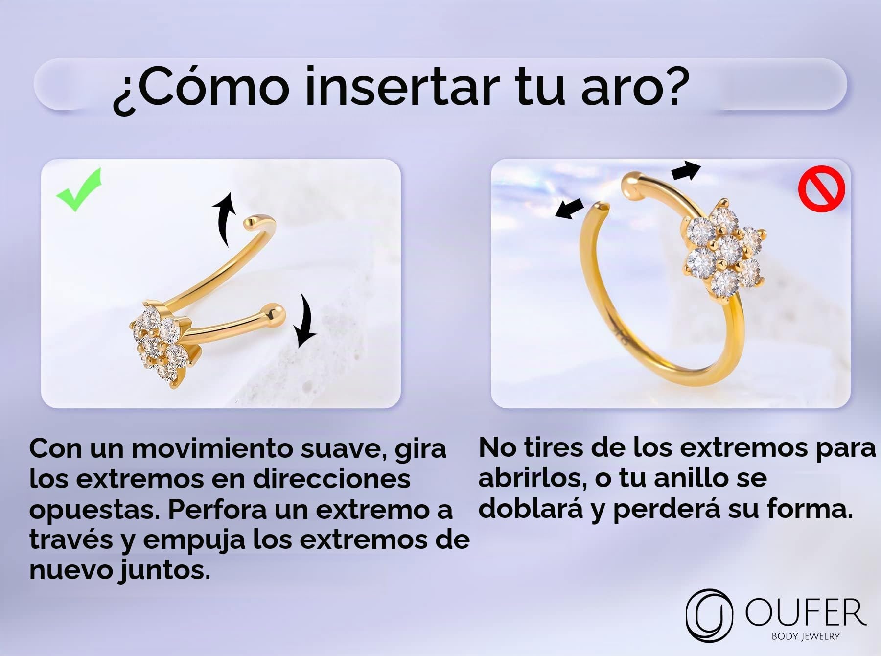 OUFER 9ct Oro Piercing Nariz Ring Hoop 20G 0.8mm Solid Nostril Earring 2mm CZ cartílago Pendiente Anillo Helix Hoop Tragus Trago Rook Cartilage Joyas Mujer Gift 8 mm