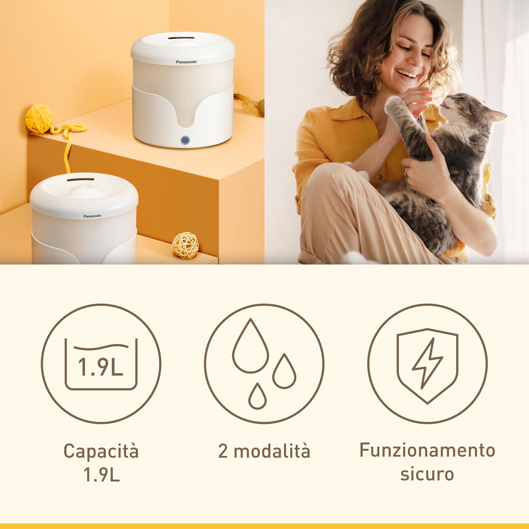 PANASONIC Fontana per Animali Domestici CP-JNW01-W, Fontana per Gatti e Cani di Taglia Medio-Piccola, Capacità 1,9L, Filtro a 4 Livelli, Super Silenziosa, Due Modalità, Bianco