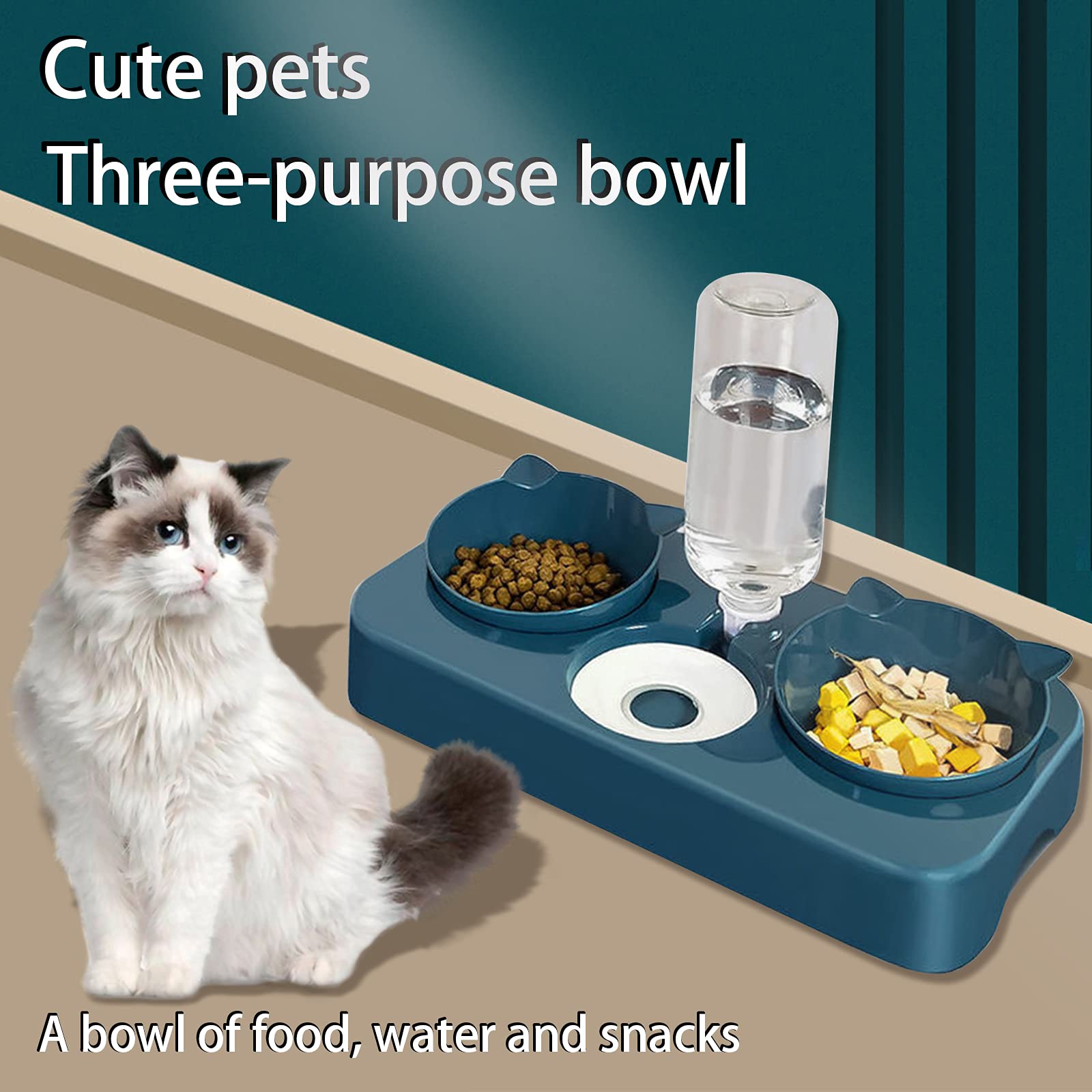 3 en 1 Cuenco del Gato Cuenco,Cuenco Doble para Mascotas,Comedero para Perro Gato,Agua de Gravedad y Cuenco de Comida Doble para Mascotas como Perros y Gatos (Azul)