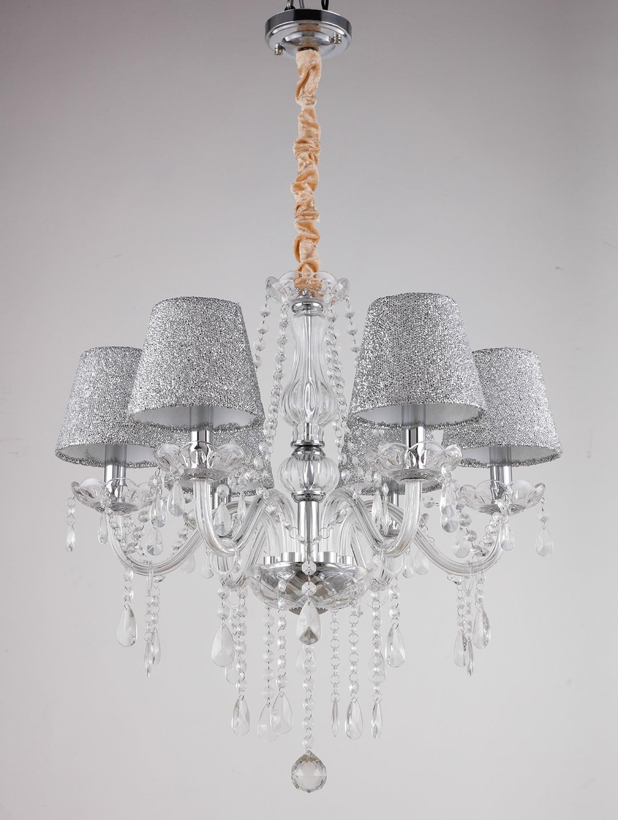 ZIXINFEI Shades Tenlion Chandeliers Ceiling 6 Crystal Lights Lamp for Living Dining Room Bedroom, Metal, Cloth, 54 W, Silver’ (Yellow) [Energy Class A]
