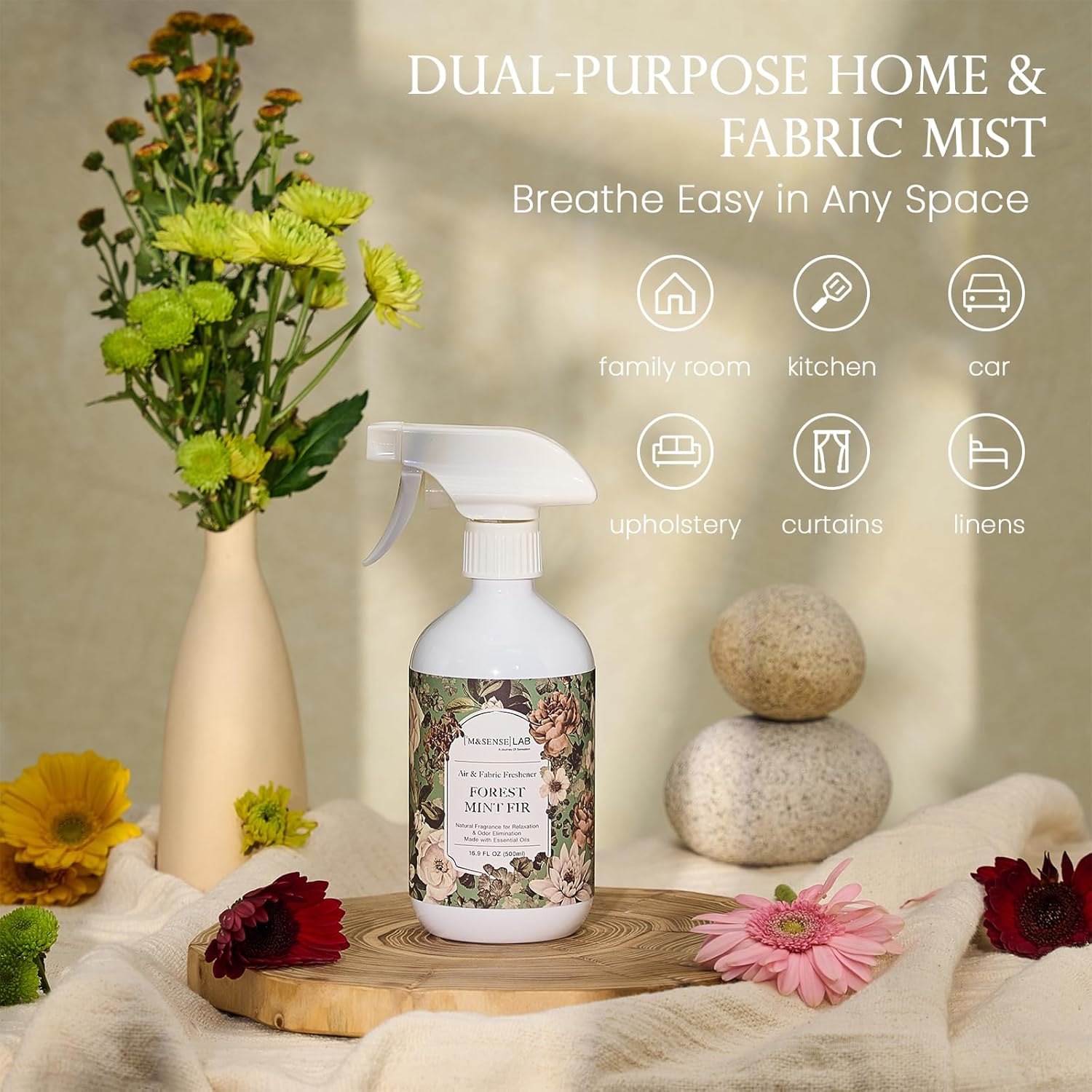 M&SENSE Forest Mint Fir Scent Bundle - Reed Diffuser Oil Refill 16.9Oz with 10 Sticks & Odor Eliminator Spray Natural Essential Oil Home Spa Office Pet Smoke Musty Smell Remover