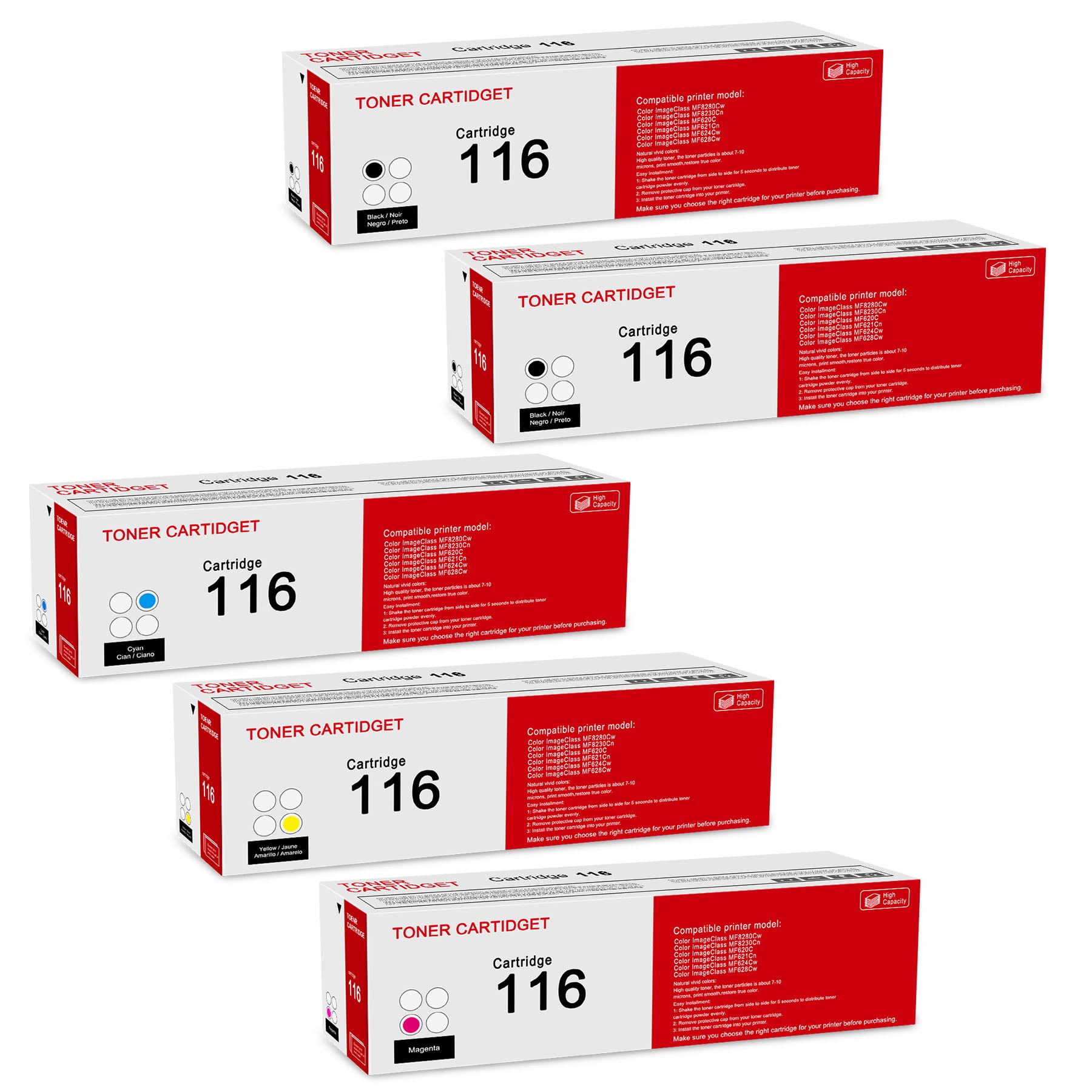 5 Pack 116 BK/C/M/Y Toner Cartridge: Compatible 116 CRG116 1980B001 1979B001 1977B001 1978B001 Toner Cartridge Remanufactured Replacement for Canon