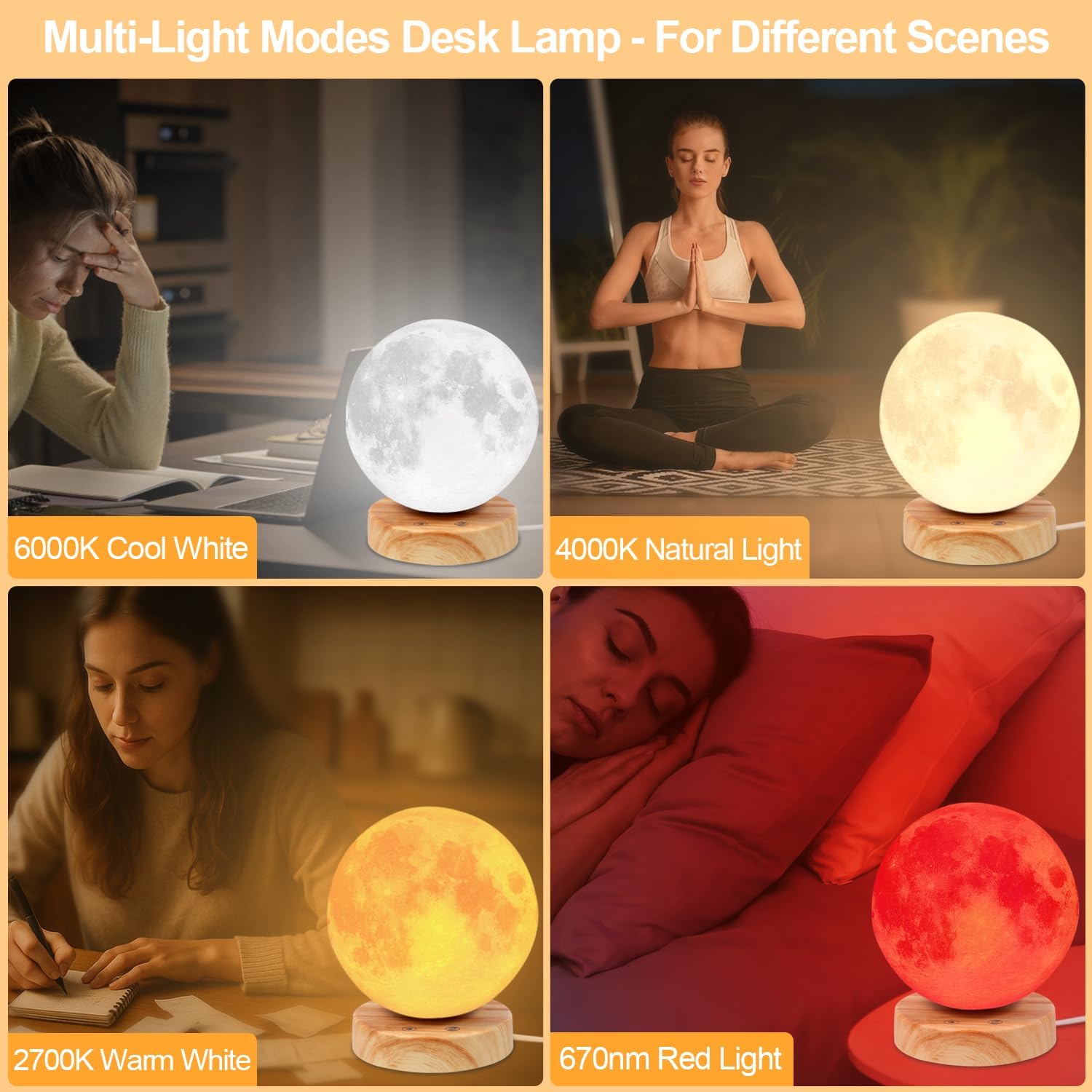 Light Therapy Lamp - 10000 Lux Full Spectrum Sun Lamp, 3 Color Temperatures & 670nm Red Light, Touch/Remote Control, Stepless Dimming, USB Phone Charging, Moon Sunlight Lamp for Home Office