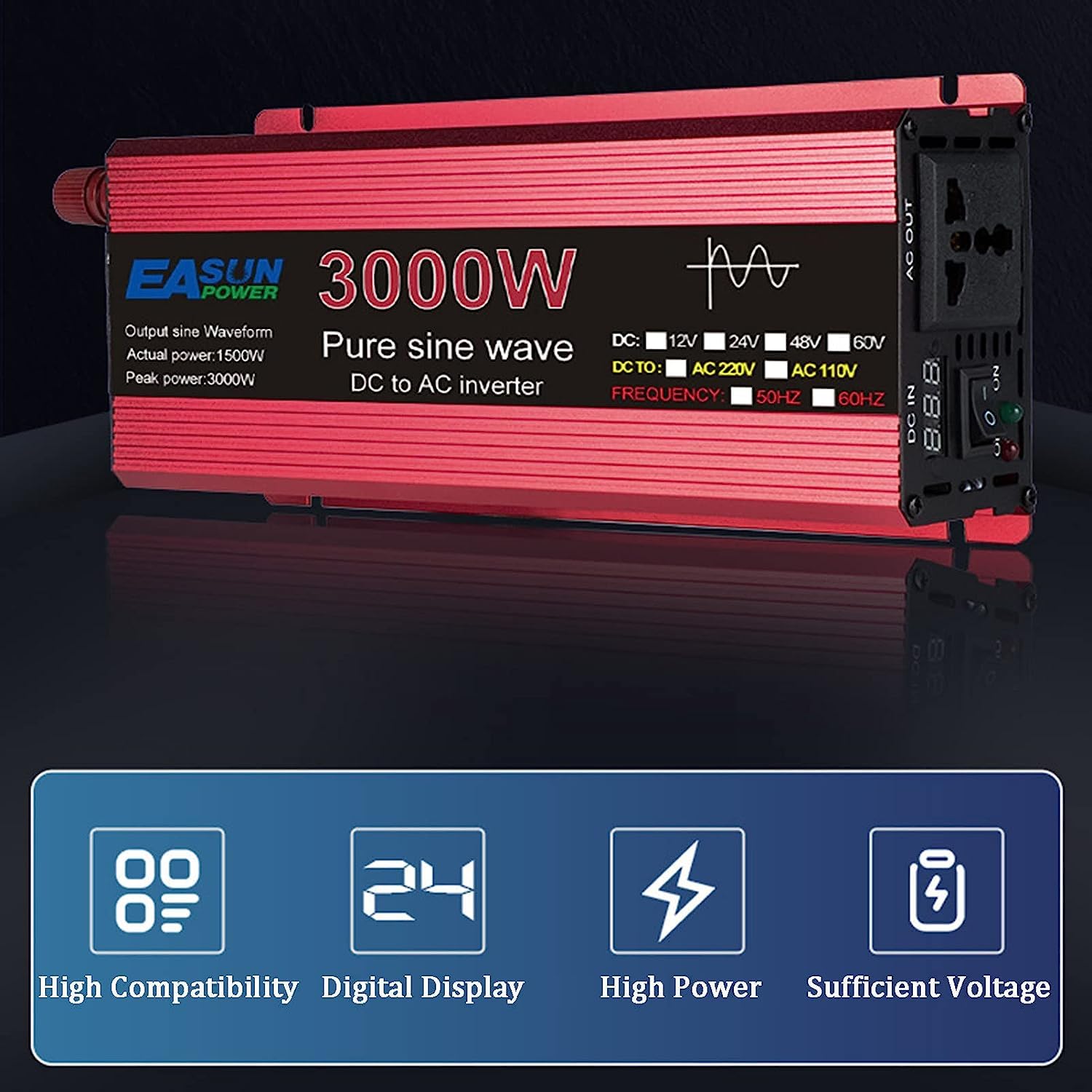 Spannungswandler 1000W 1600W 2200W 3000W Reiner Sinus Wechselrichter DC 12V 24V auf 220V 230V AC Pure Sine Wave Power Inverter Konverter Autokonverter Autoadapter mit Steckdosen (12V,2200W)
