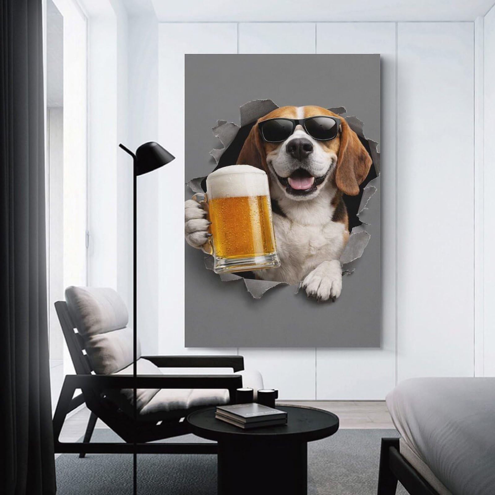 Junmoney Cool Dog with Beer Mug Hanging Wall Art, 24x36inch(60x90cm), for Living Room, Bedroom, Office Or Hallway, Decorative Artwork with Broad Appeal