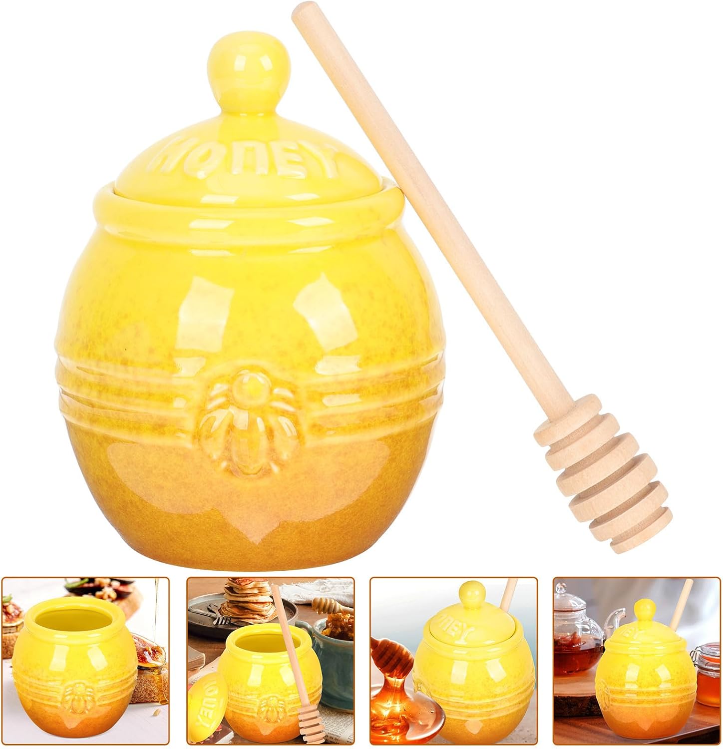 OSALADI Ceramic Honey Storage Jar with Wooden Dipper and Lid for Syrup