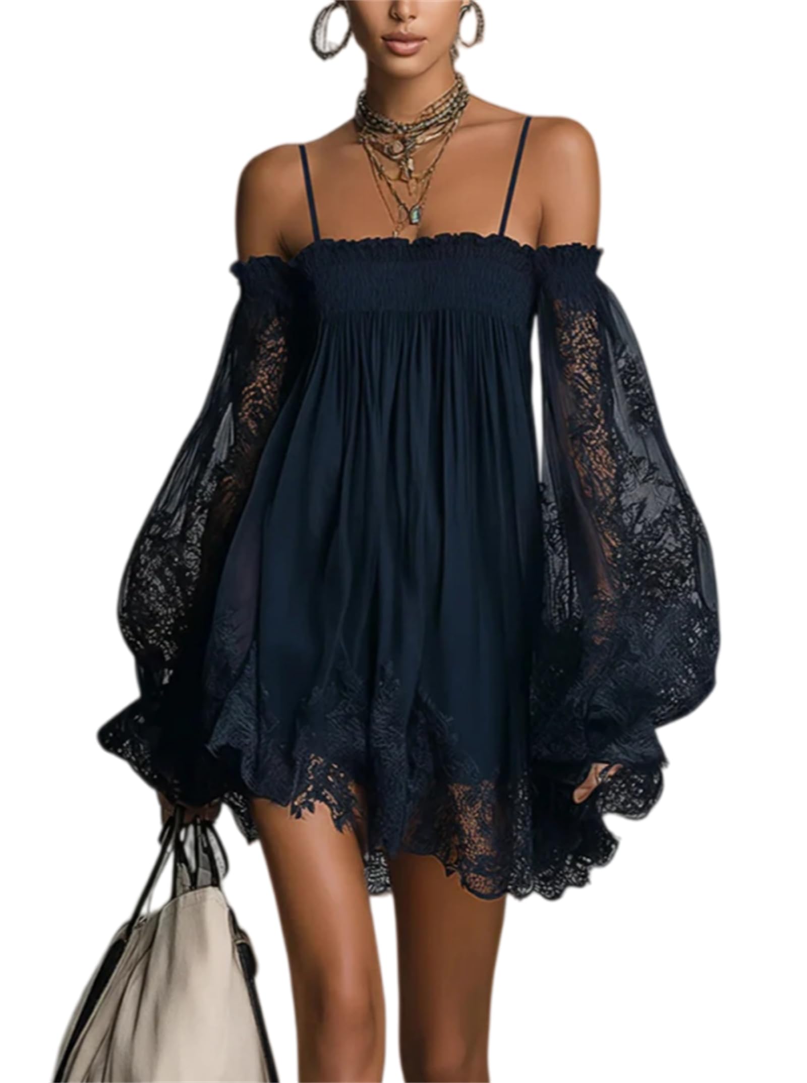 Mini abito da donna con bretelle, elegante, sexy, in pizzo, con maniche a sbuffo, casual, per feste, spiaggia, vacanze, abito corto fluido