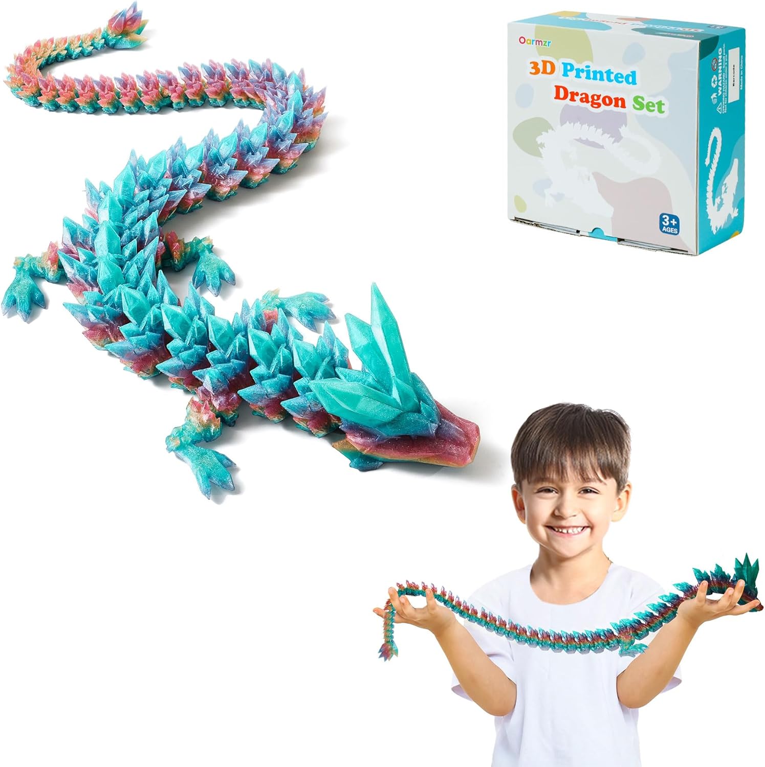 30'' 3D Printed Dragon - 3D Printed Toys, Articulated Crystal Dragon Large Rainbow Animal Fidget Toy, Decor Huge Dragons Collectible Figurines(Mixcolor2,30inch)