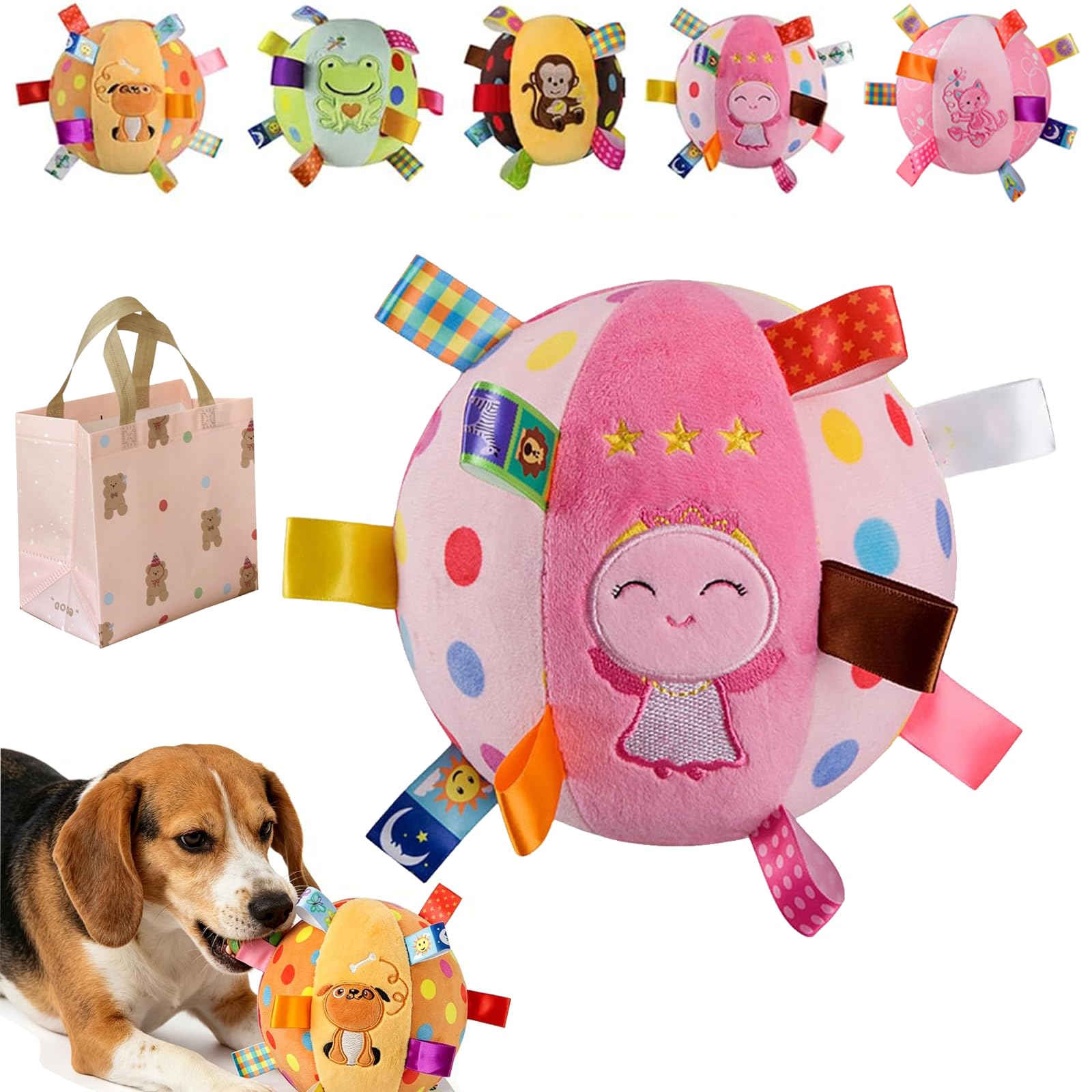 Colorful Squeaky Hanging Dog Training Toy, Interactive Dog Toys for Small Dogs, 6-Inch Squeaky Plush Ball with Straps and Bell, Durable Chew Toys, Mental Stimulation and Engaging Fetch Play (D)