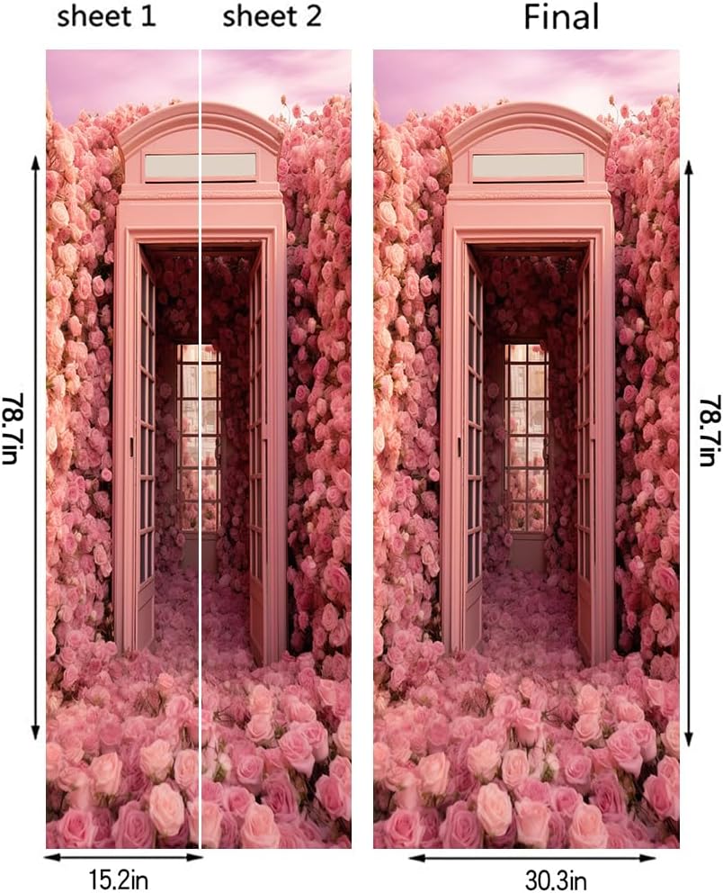 RedamanCy Pink Rose Flower Peel and Stick Vinyl 3D Door Mural Decals Modern Wallpaper Self-Adhesive, Waterproof, Removable Decor for Bedroom