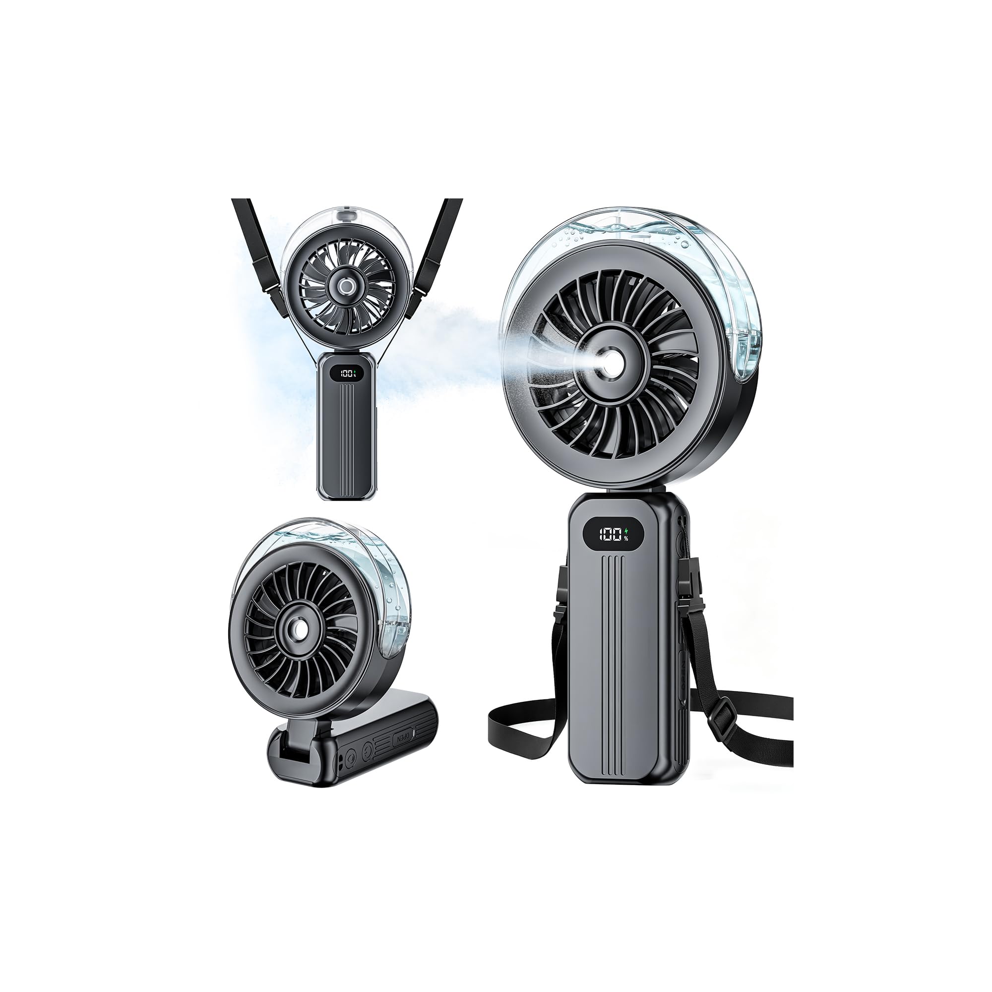 Ventilatore Portatile con Nebulizzatore - Mini Ventilatore USB Ricaricabile | 6000mAh 3-in-1 Piccolo Fan da Collo, Tavolo e Mano con 4 Velocità & Display a LED, per Viaggi, Esterni e Campeggio (Nero)