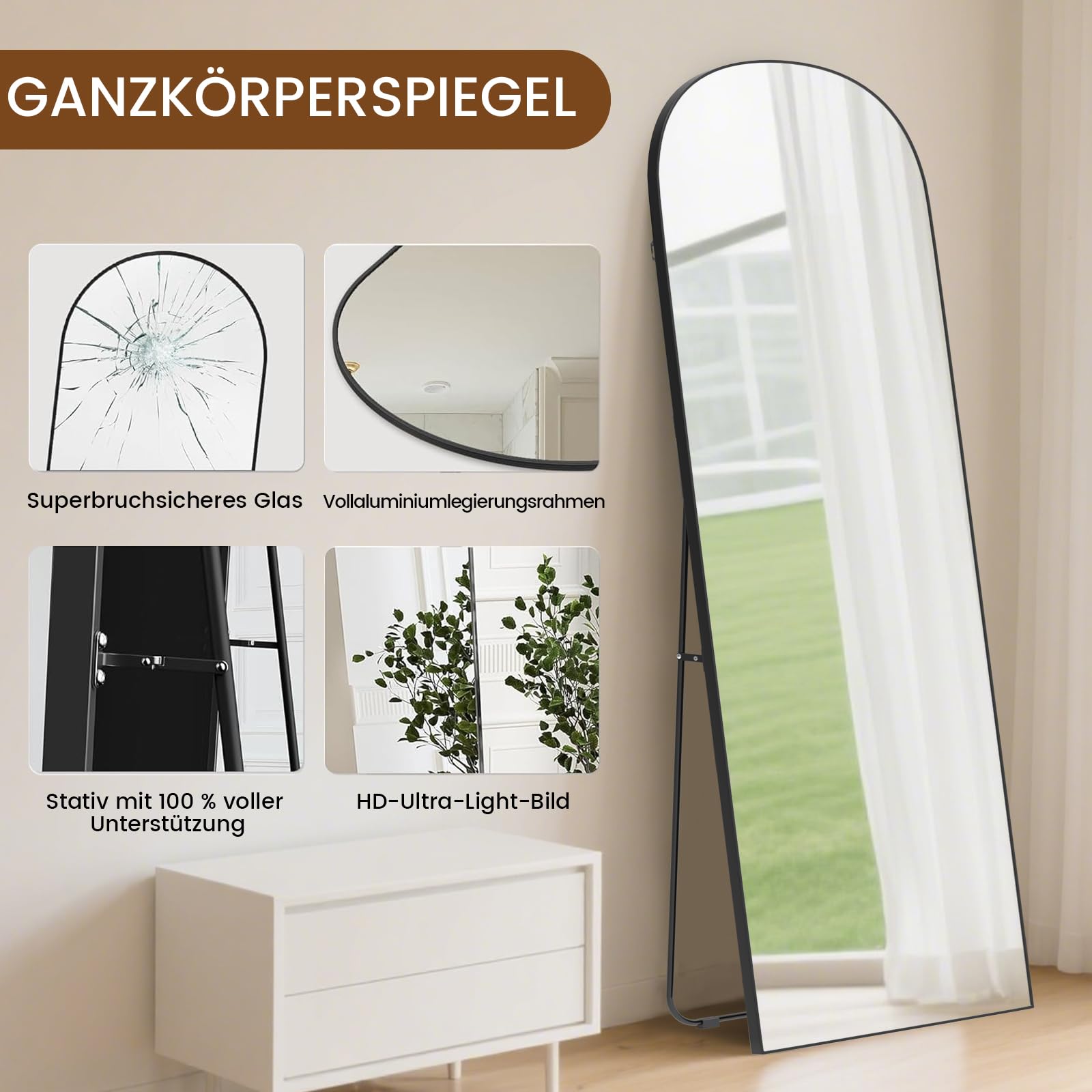 Großer Ganzkörperspiegel, 162 x 52 cm Ganzkörper Standspiegel mit 3 mm Gehärteter Aluminiumspiegel & Aluminiumrahmen, Grosser Wandspiegel Flur Wand mit Ständer, Sichere Verpackung