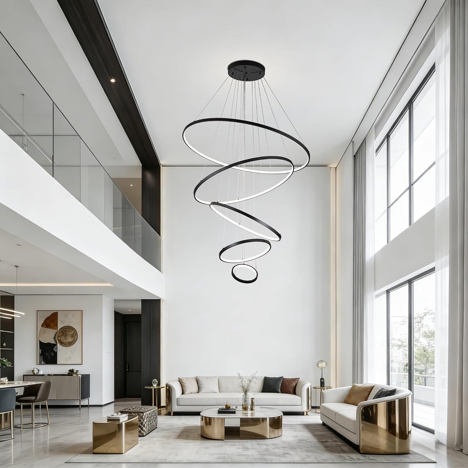 39.4" Black Led Ring Chandelier Modern Led Pendant Light 5 Ring Dimmable Modern Chandelier Adjustable Ring Light Fixtures Contemporary Light Fixtures for Foyer High Ceiling Living Room