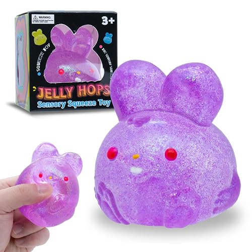 Stress Relief Purple Glitter Bunny Squeeze Toy - Anxiety Calming Sensory Fidget Toy for Kids & Adults, Soft Squishy Ball for ADHD Autism, Jelly Hops