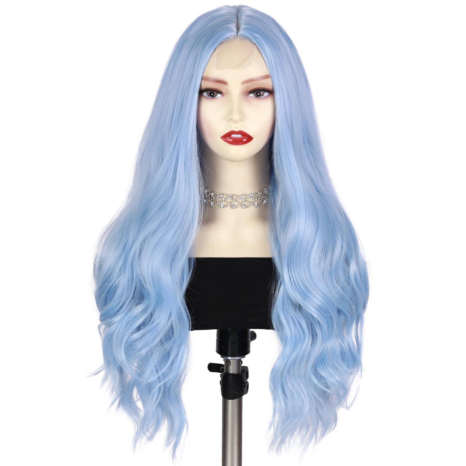 Quantum Love Long Curly Blue Wig for Women Light Blue Long Wavy Wigs 28 Inch Natural Looking Synthetic Fashion Color Hair for Cosplay Halloween Daily Party Use