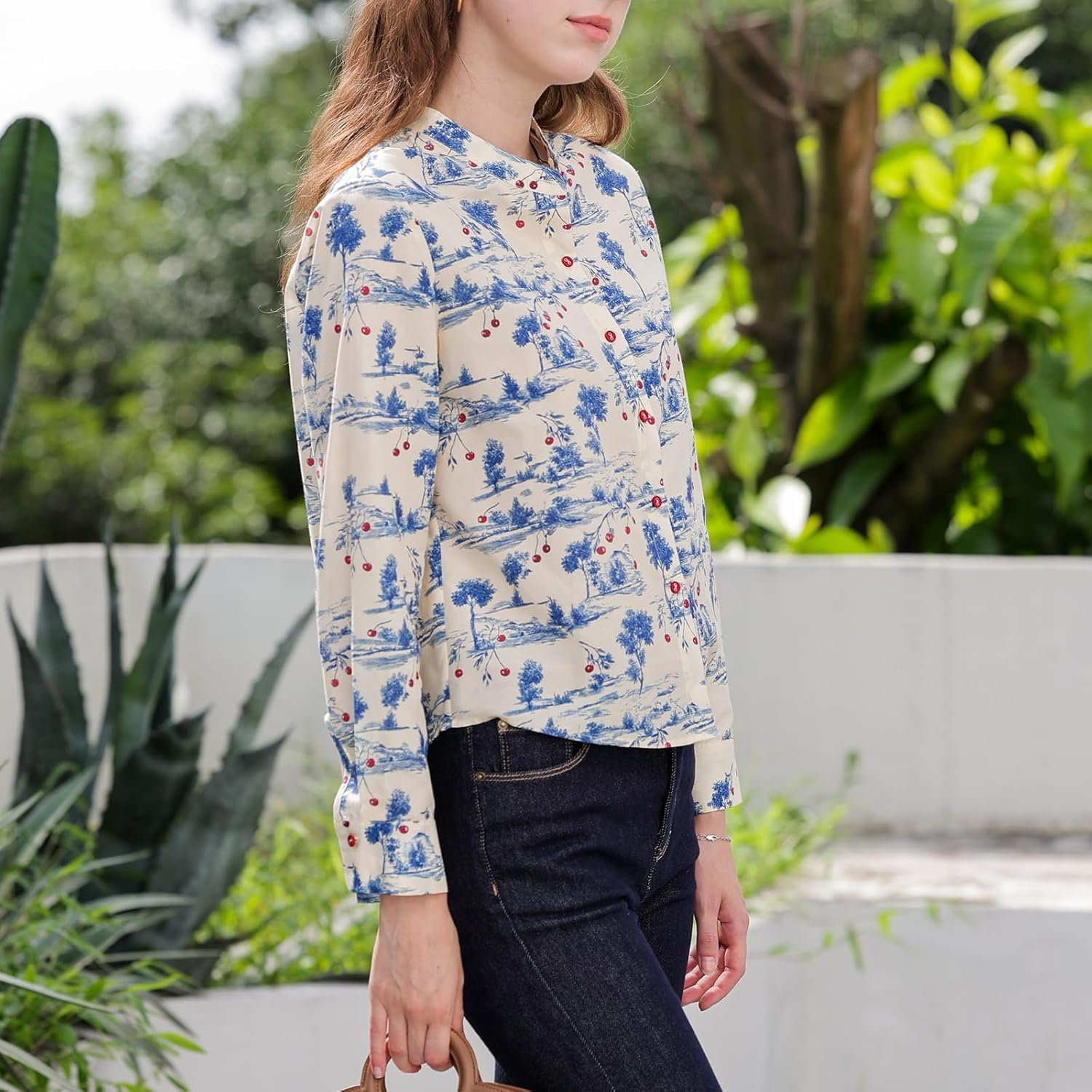 Women's Long Sleeve Silk Cotton Blouse Summer Dressy Casual Button Down Shirt Floral Print Mandarin Collar Blouses - Image 7