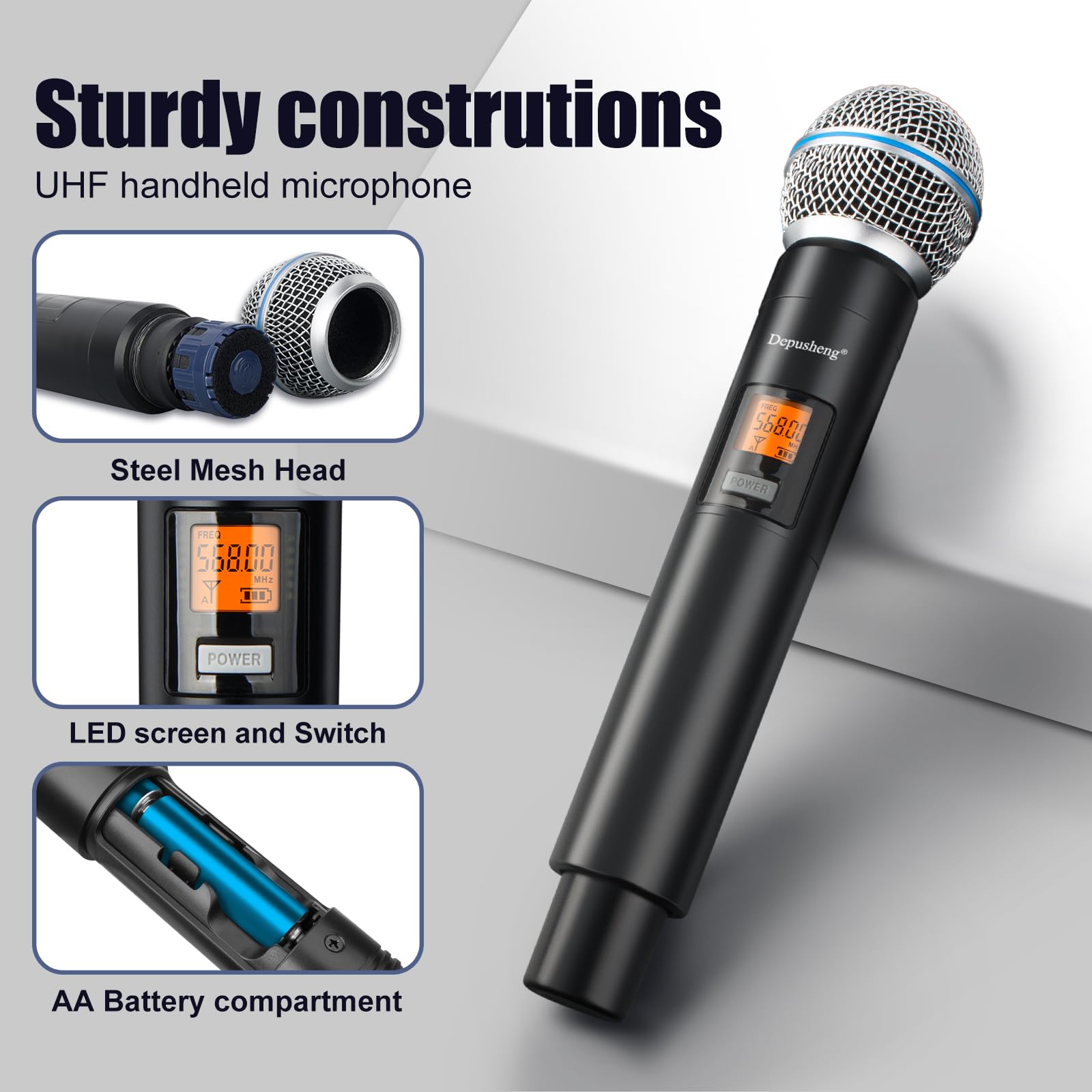 Depusheng T118 - Microfono wireless professionale con 2 microfoni portatili, portata 80 m, microfoni per proformance, karaoke, feste, chiesa, canto