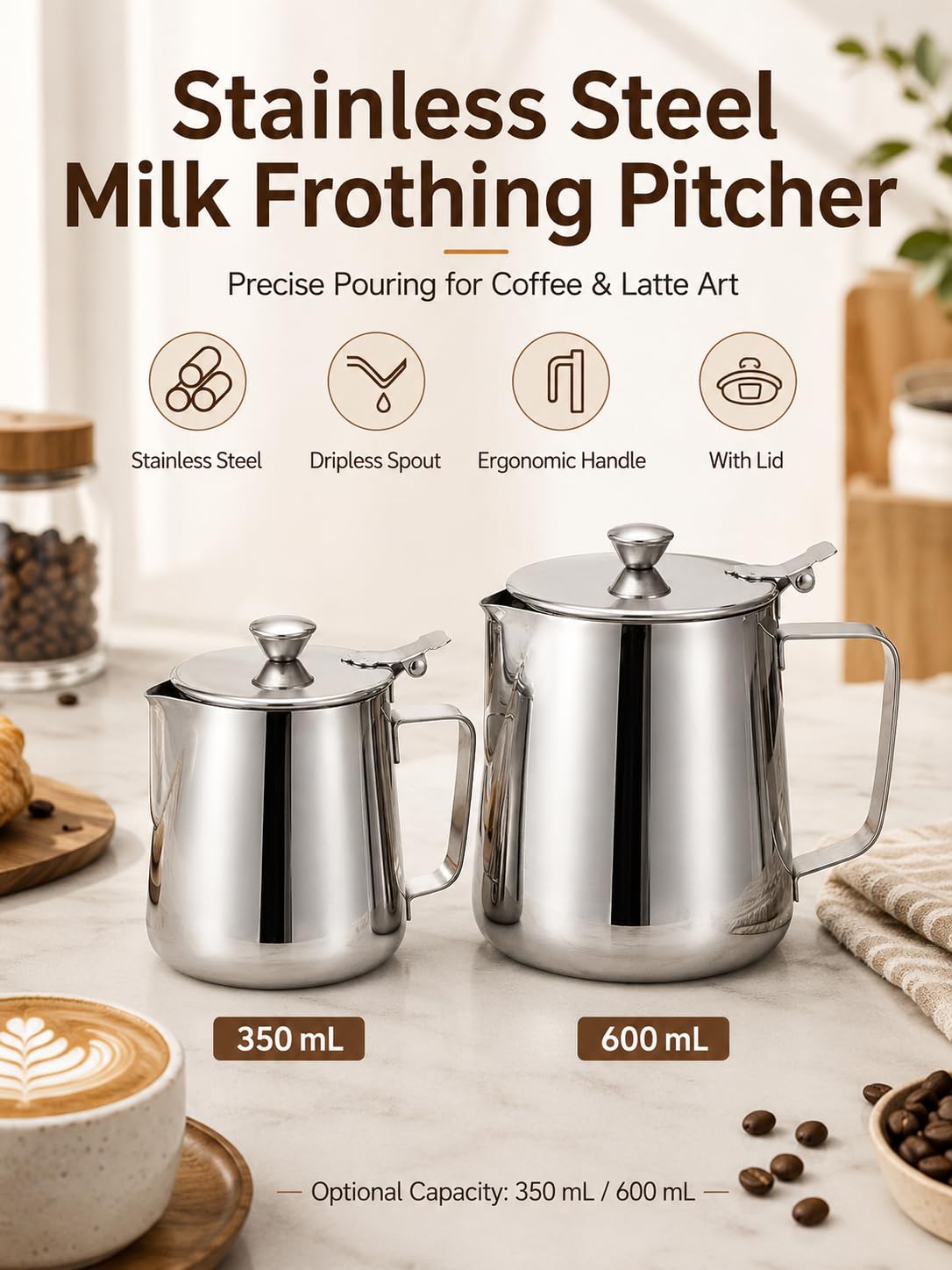VOBOR Pentolino Latte In Acciaio Inossidabile, Brocca Per Tazza Da Caffè Con Coperchio Per Schiuma Di Latte Art (350 Ml)