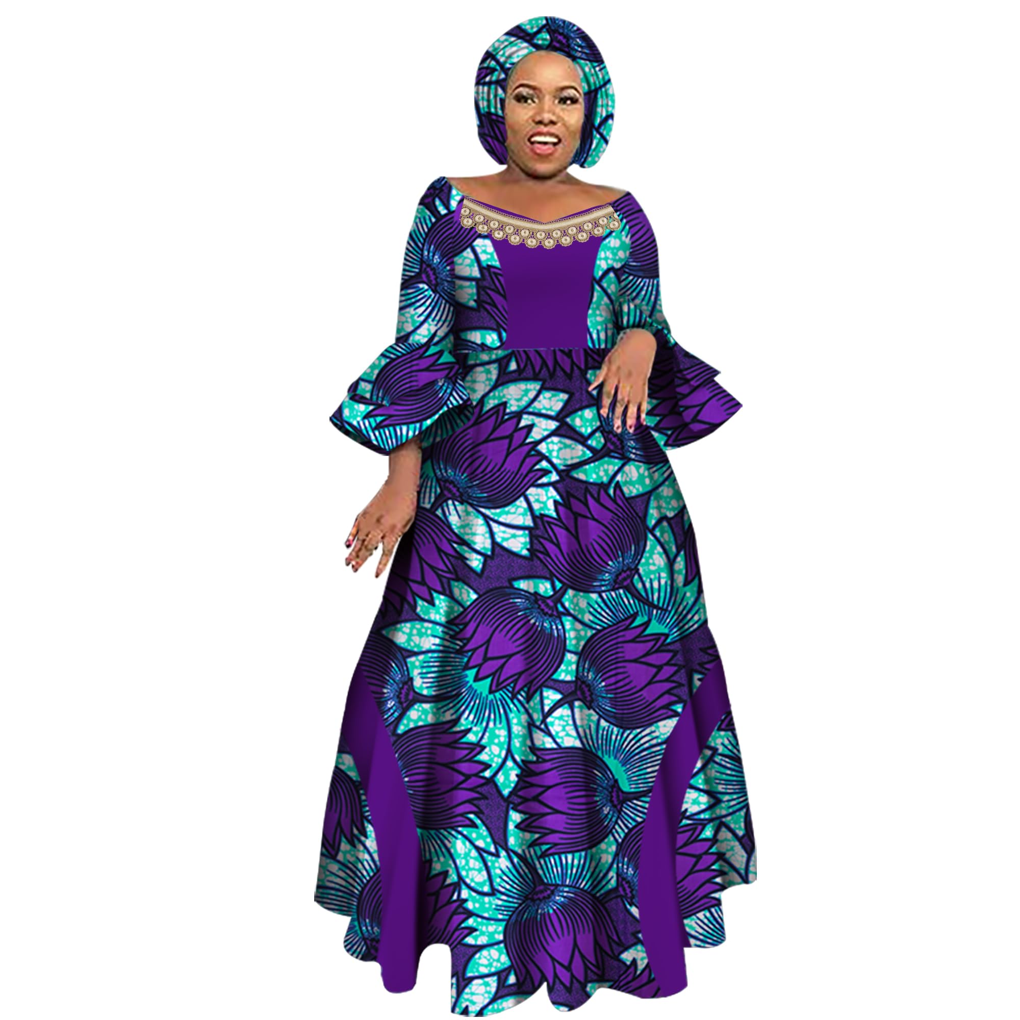 iooiooi Womens African Print Party Maxi Dress Ankara Long Dress &amp; Headwrap