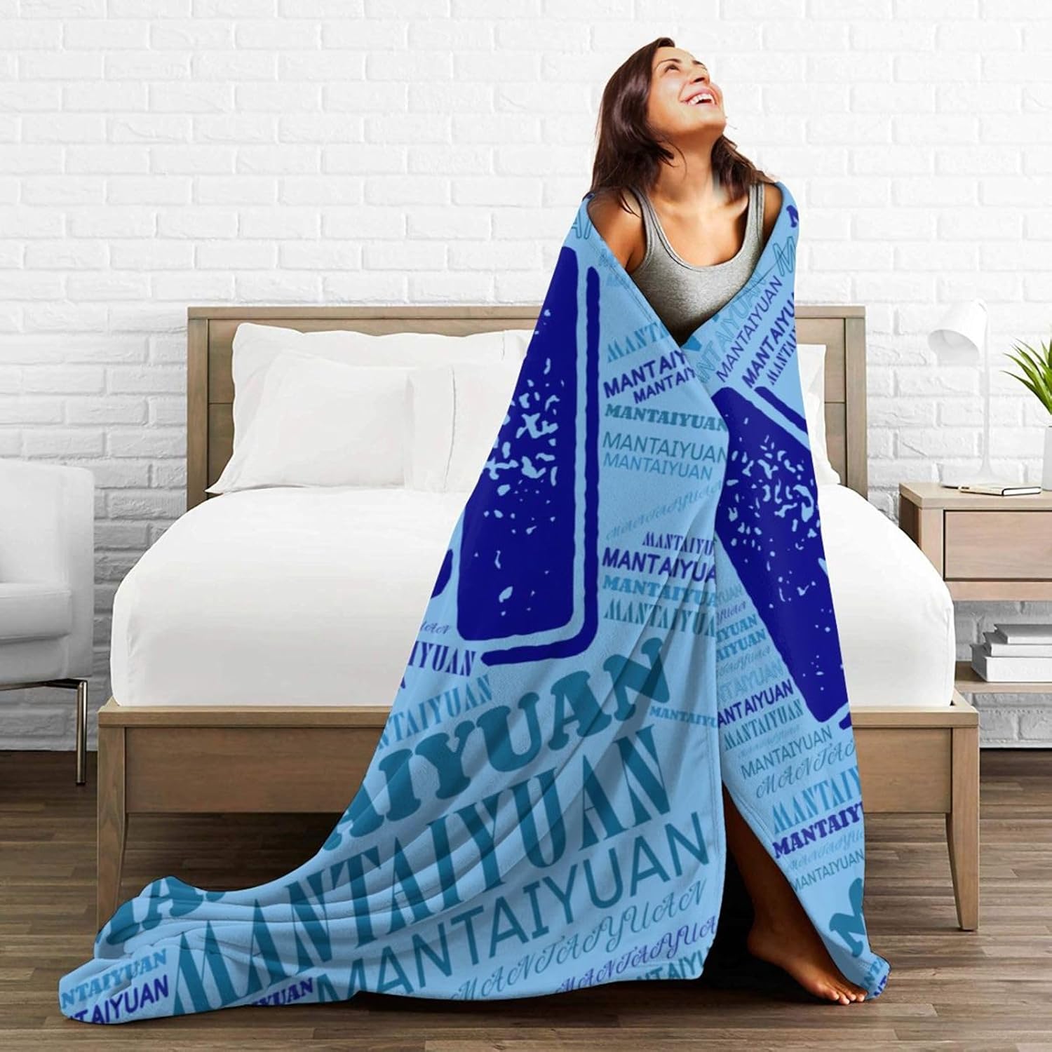 Custom Name Flannel Throw Blankets, Customization Blue Bed Blanket with Text Personalized Soft Cozy Throws, 60x80 Inches